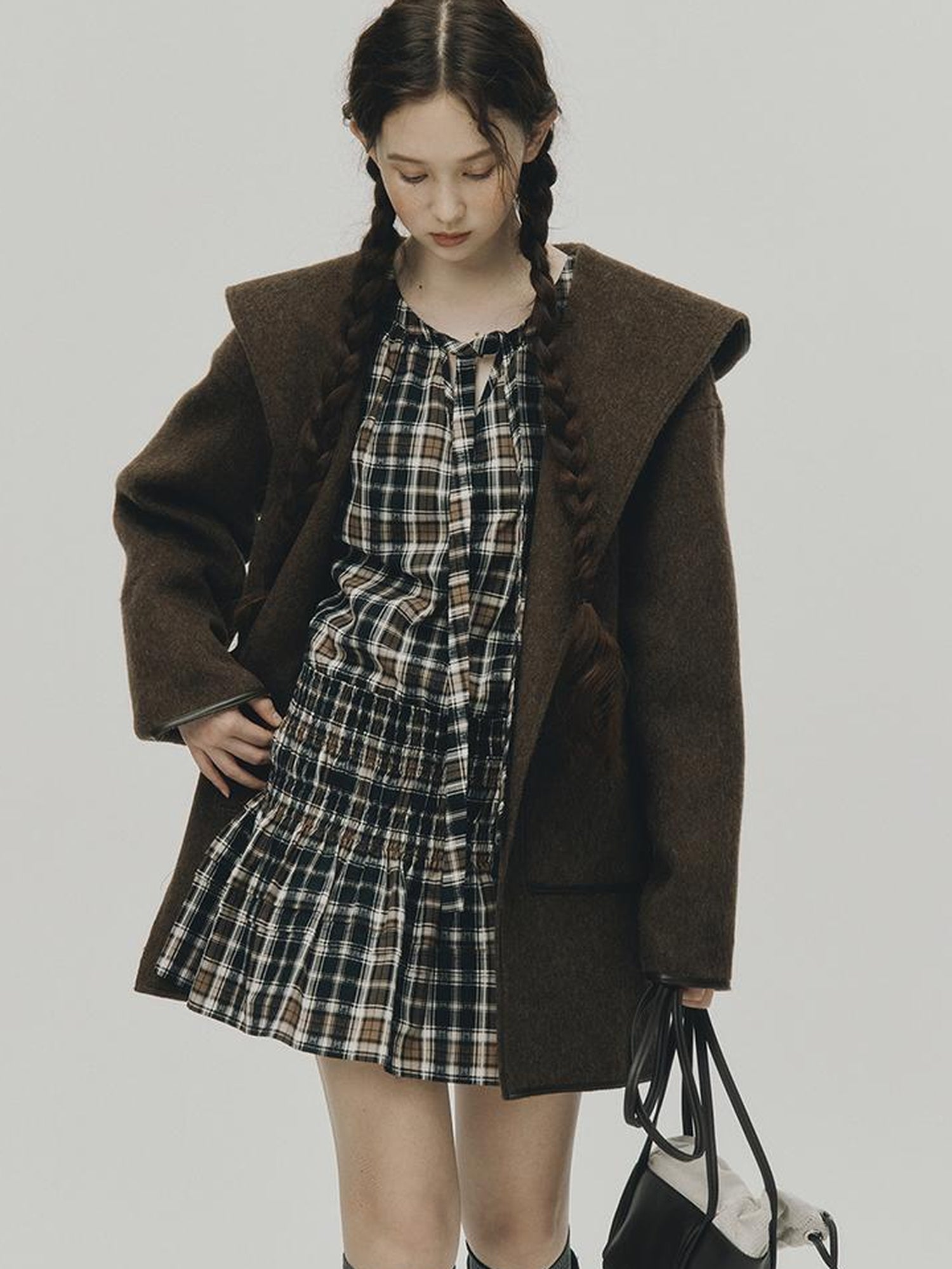 FUSSED Wool Mohair Double Faced Hooded Coat With Leather Trim