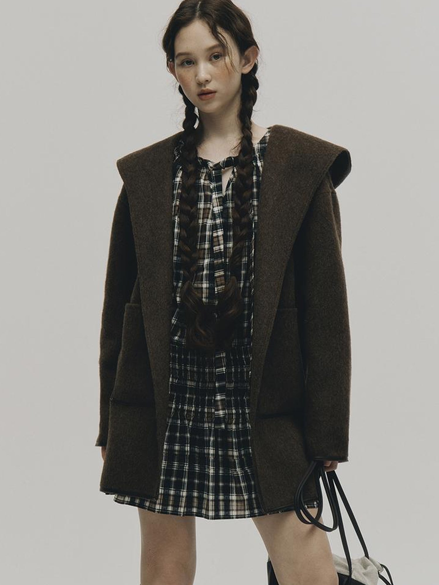 FUSSED Wool Mohair Double Faced Hooded Coat With Leather Trim