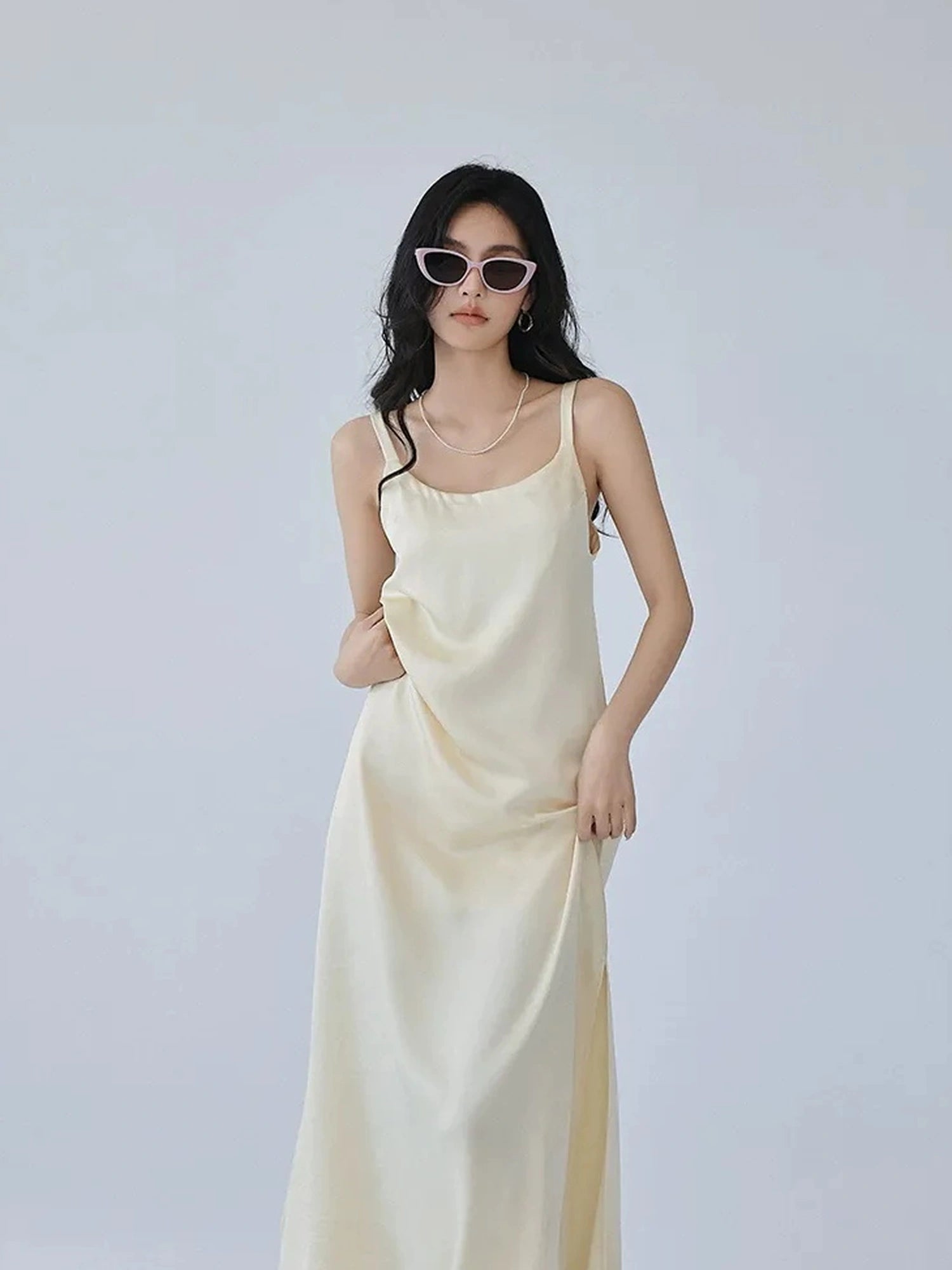 FU FRESH UP Acetate Satin Slip Maxi Dress With High Slit