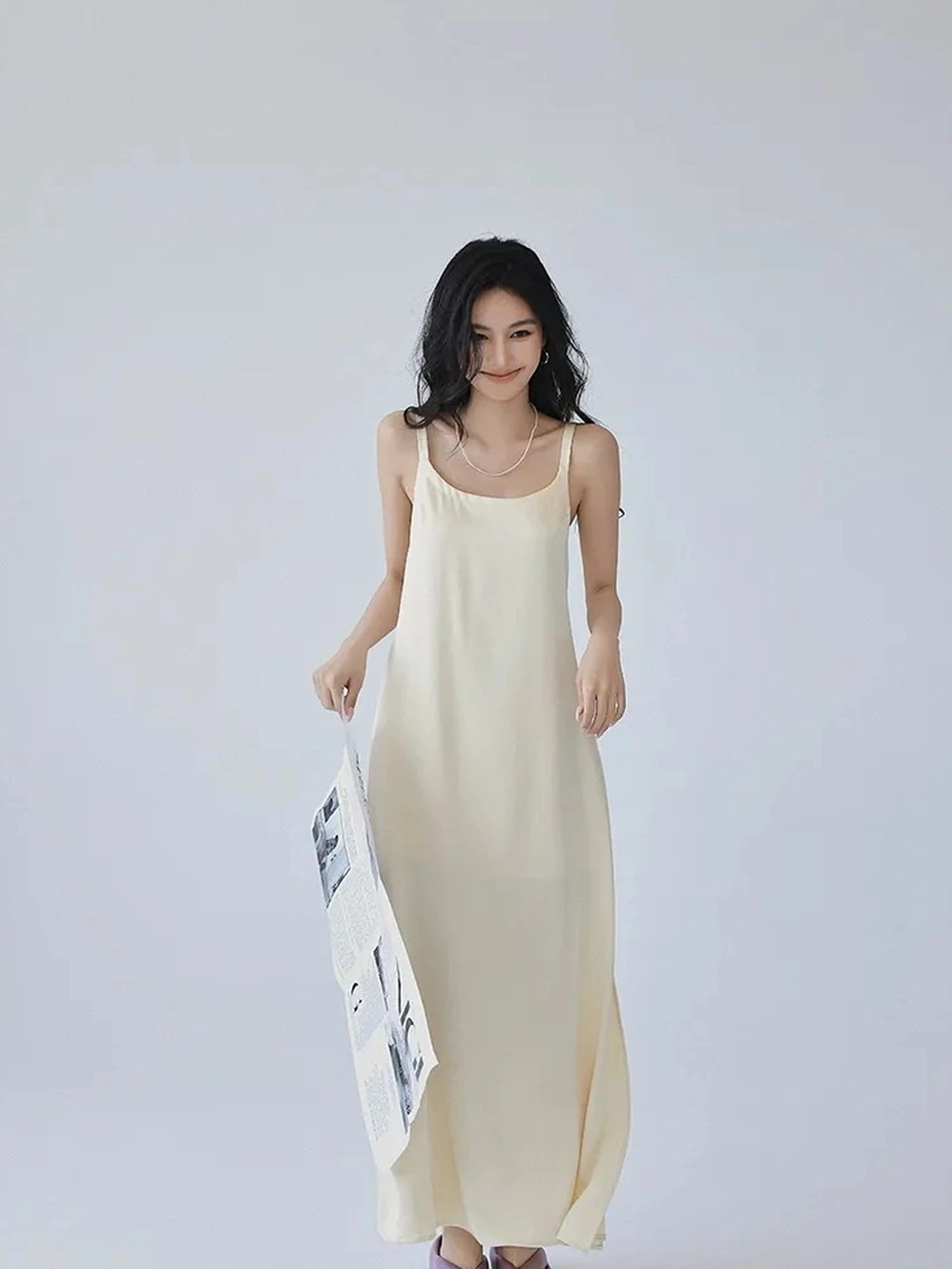 FU FRESH UP Acetate Satin Slip Maxi Dress With High Slit