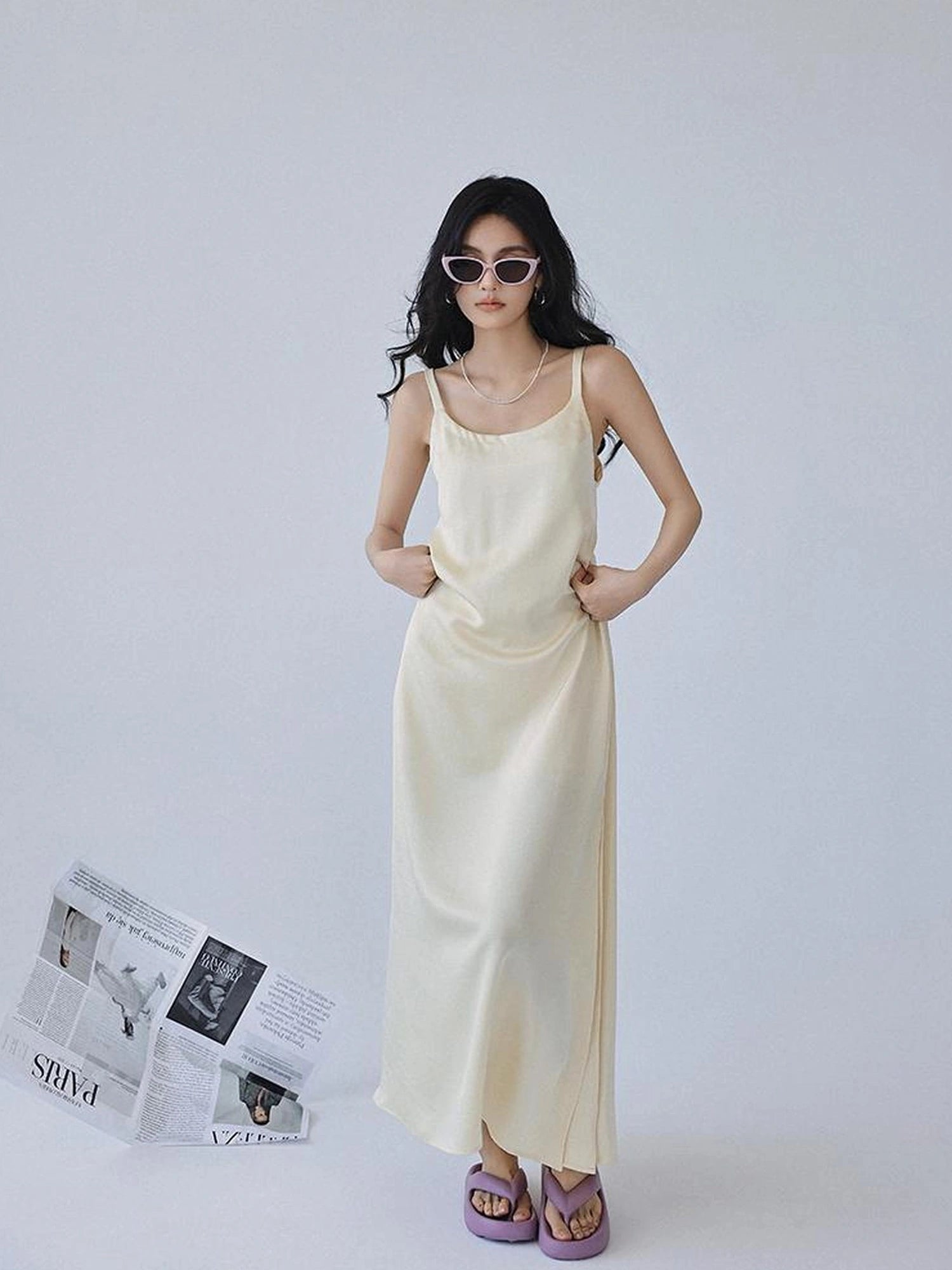 FU FRESH UP Acetate Satin Slip Maxi Dress With High Slit