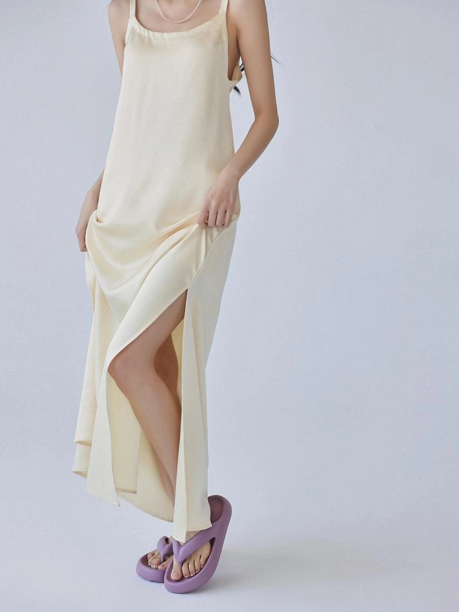 FU FRESH UP Acetate Satin Slip Maxi Dress With High Slit