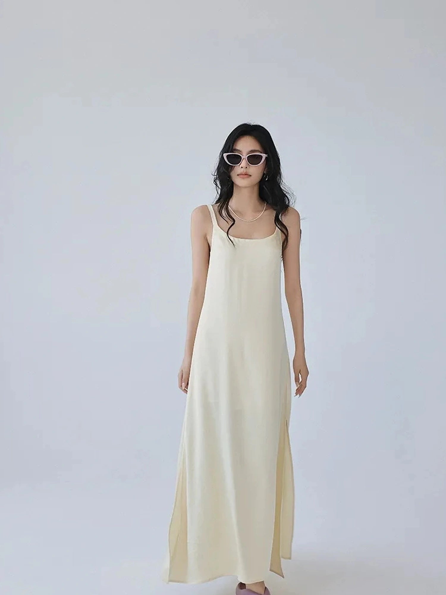 FU FRESH UP Acetate Satin Slip Maxi Dress With High Slit