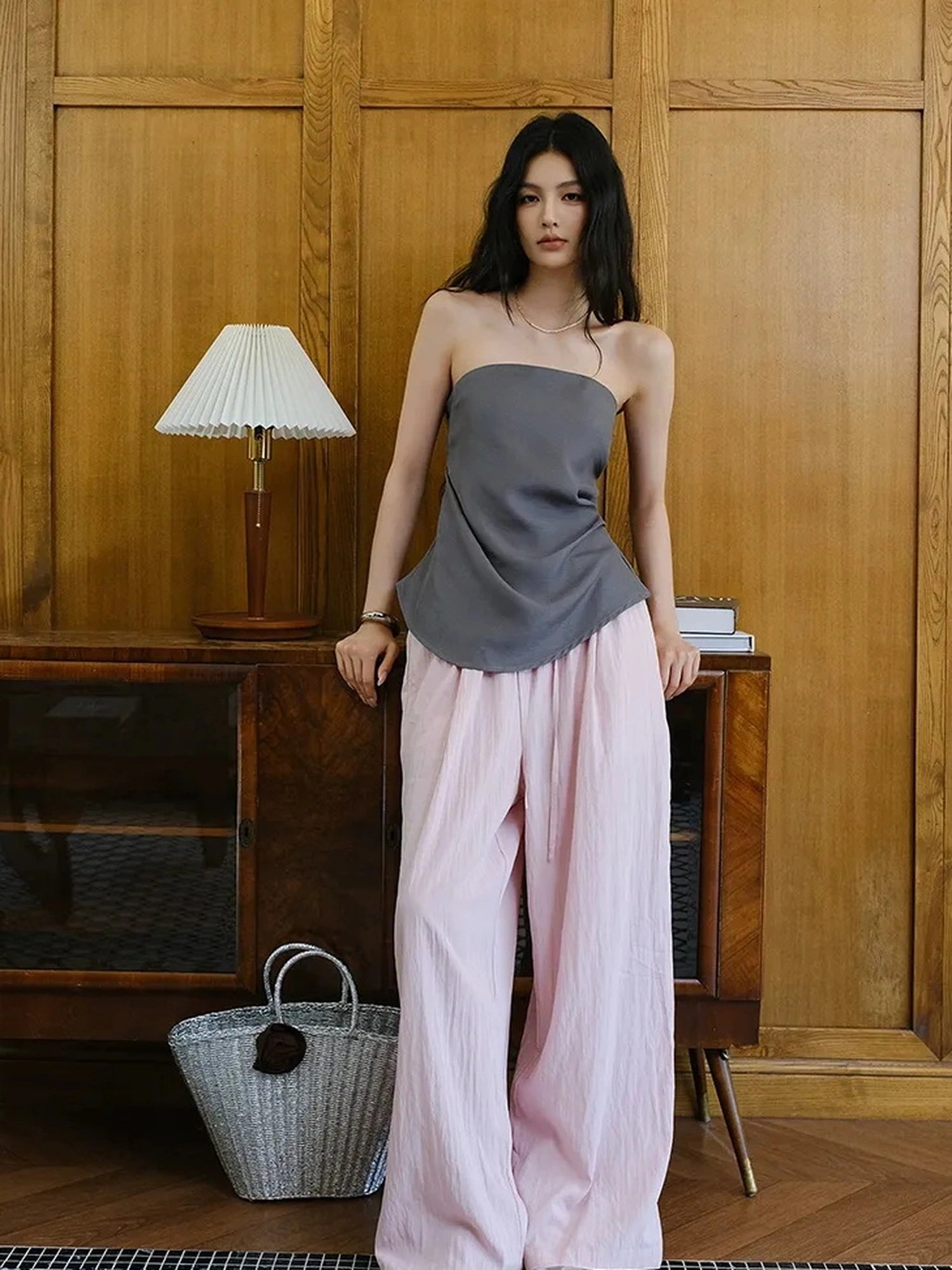FU FRESH UP Airy Pleated Drawstring Wide Leg Pants