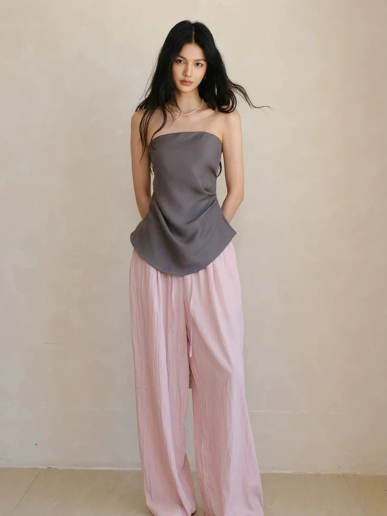 FU FRESH UP Airy Pleated Drawstring Wide Leg Pants