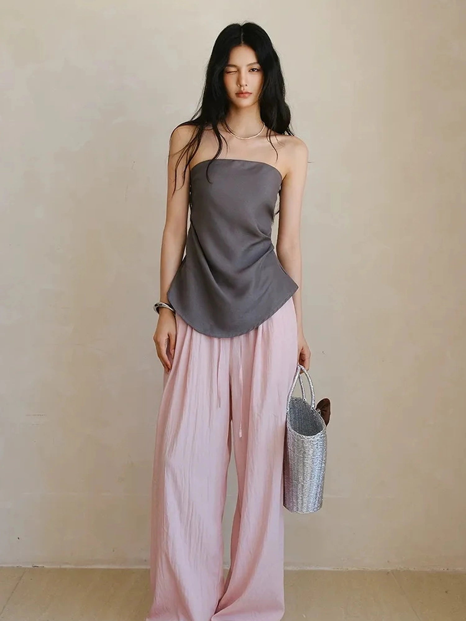 FU FRESH UP Airy Pleated Drawstring Wide Leg Pants