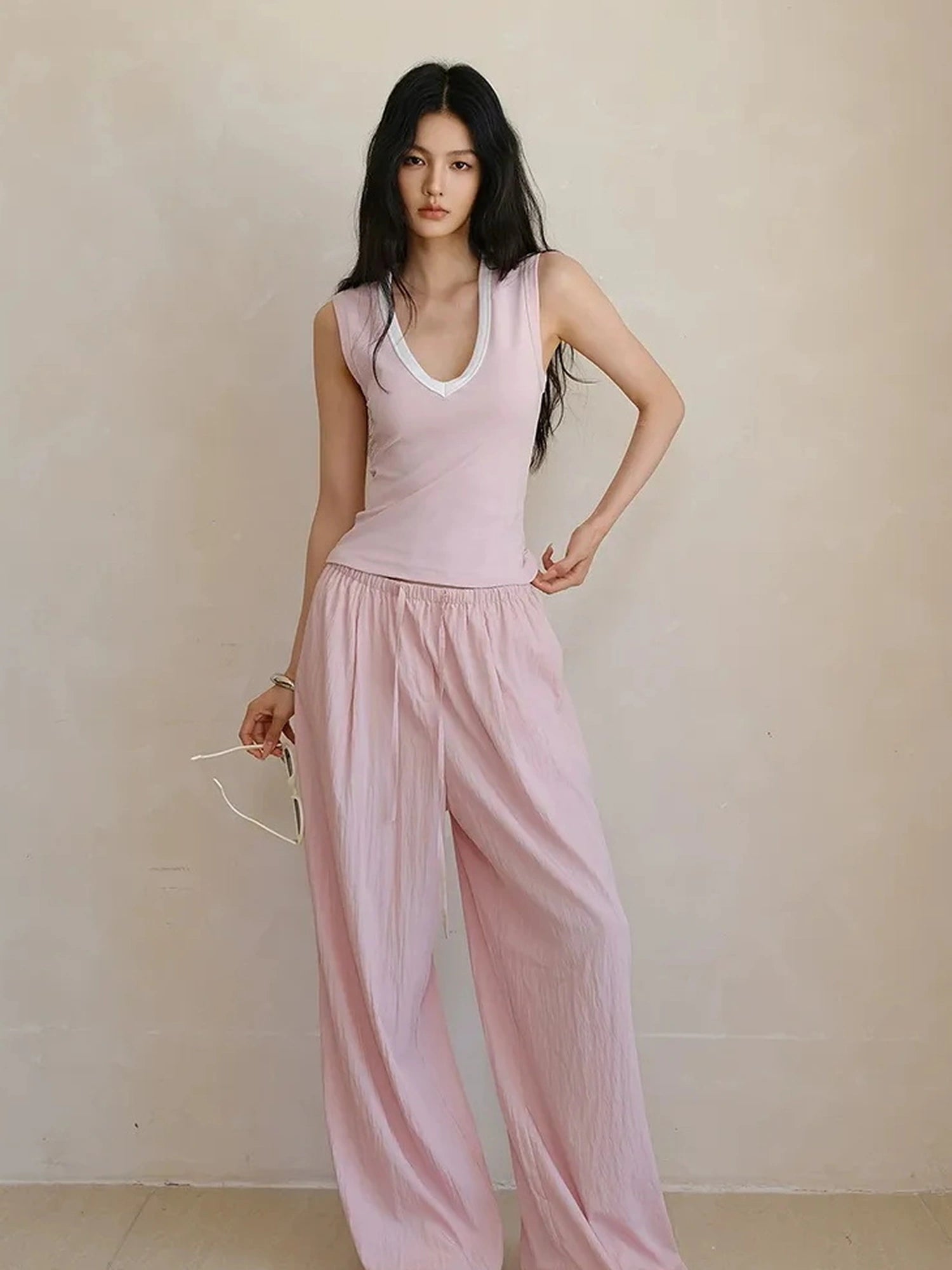 FU FRESH UP Airy Pleated Drawstring Wide Leg Pants