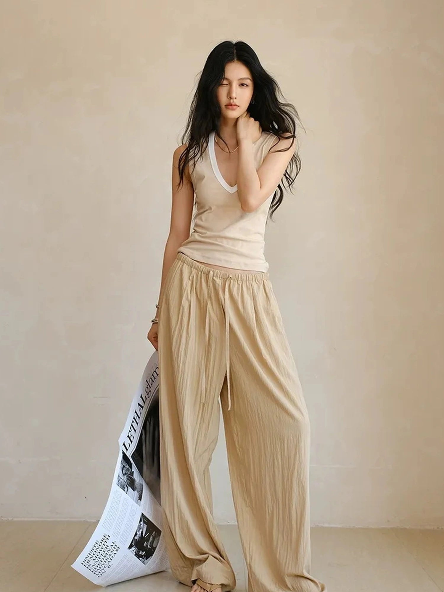 FU FRESH UP Airy Pleated Drawstring Wide Leg Pants