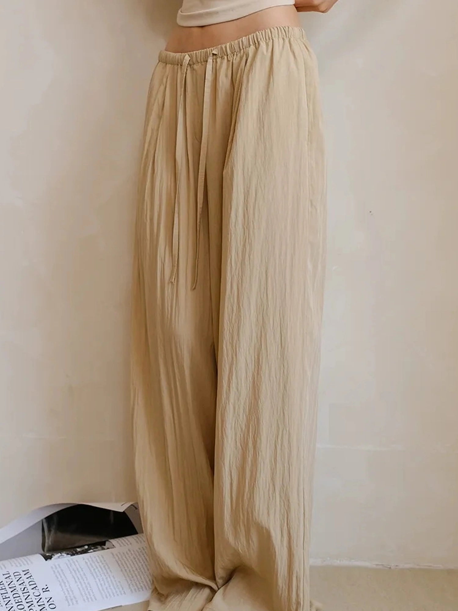 FU FRESH UP Airy Pleated Drawstring Wide Leg Pants