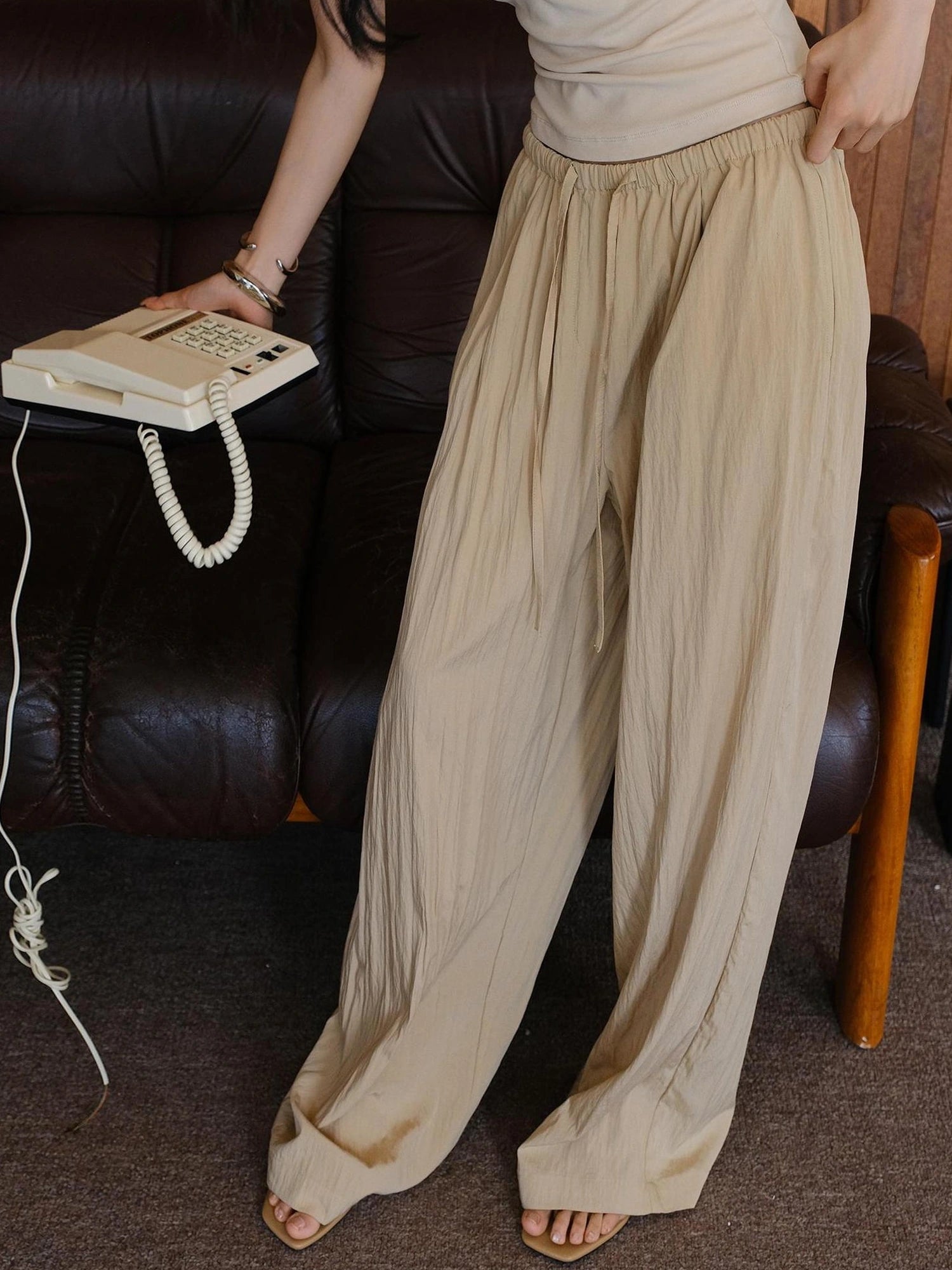 FU FRESH UP Airy Pleated Drawstring Wide Leg Pants