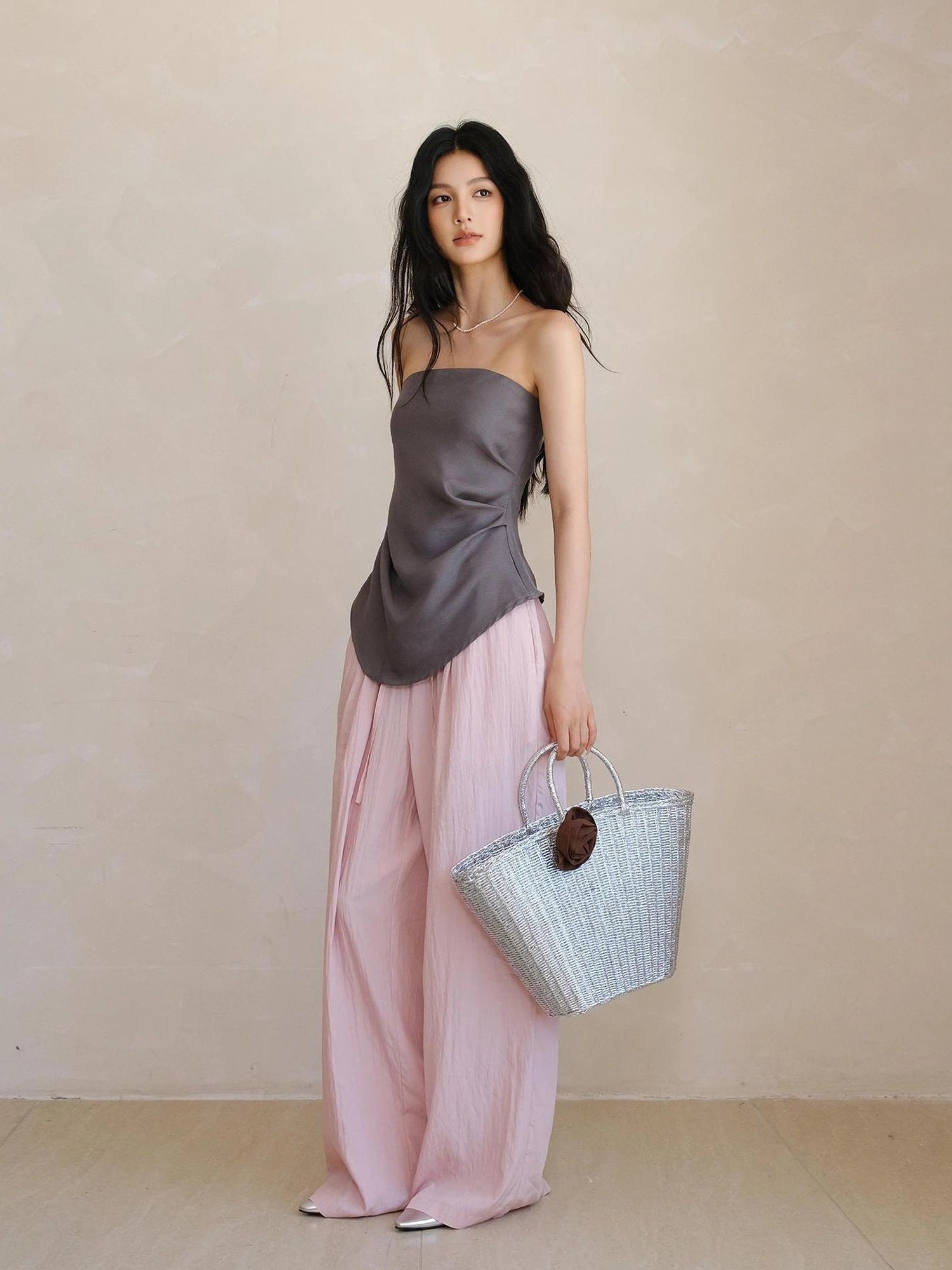 FU FRESH UP Airy Pleated Drawstring Wide Leg Pants