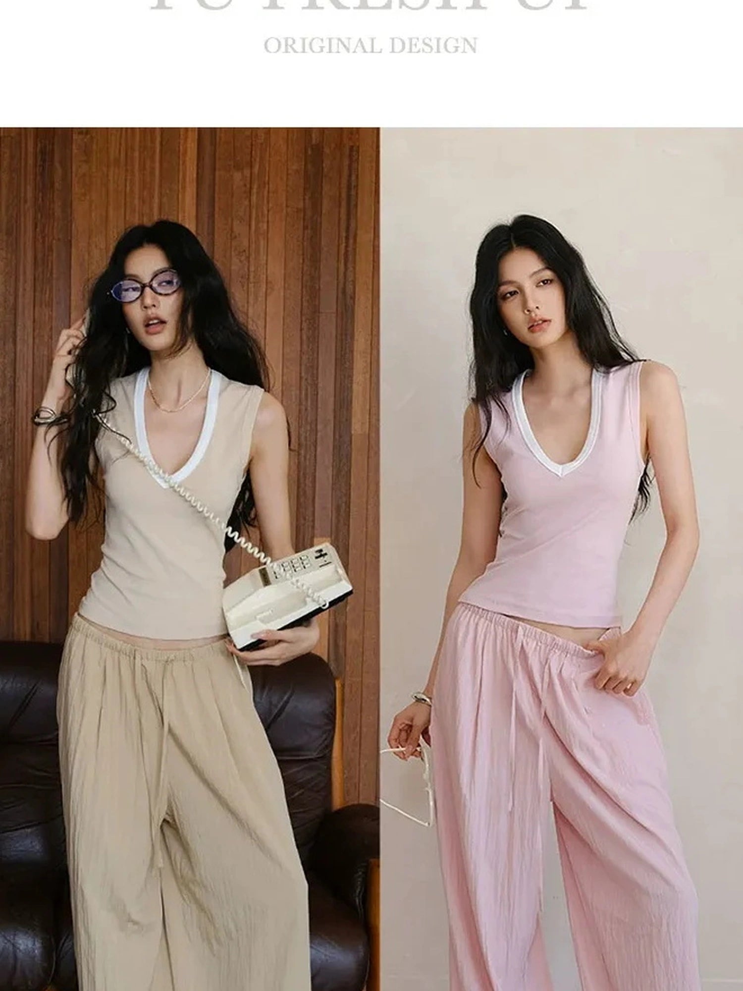 FU FRESH UP Airy Pleated Drawstring Wide Leg Pants