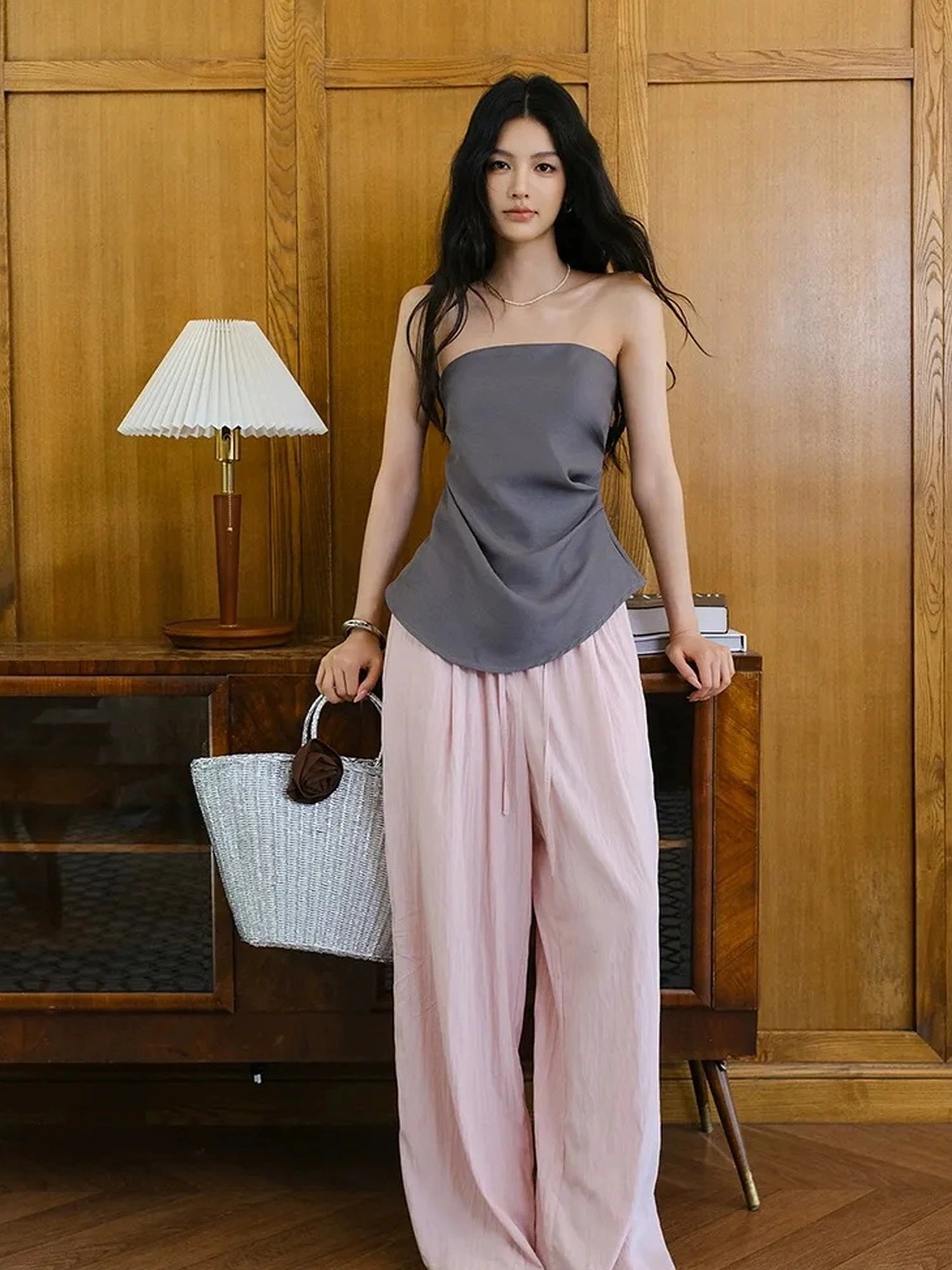 FU FRESH UP Airy Pleated Drawstring Wide Leg Pants