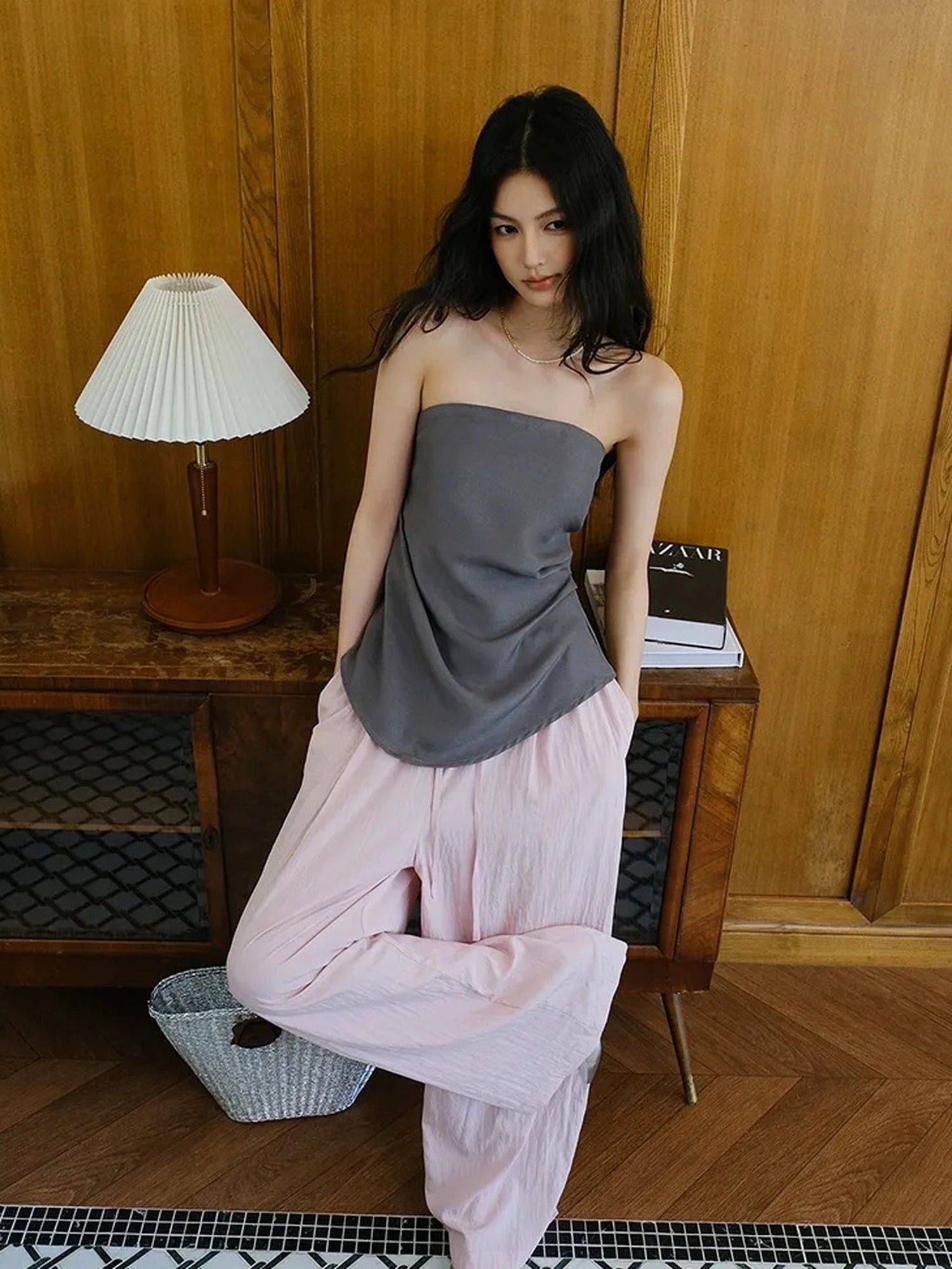 FU FRESH UP Airy Pleated Drawstring Wide Leg Pants