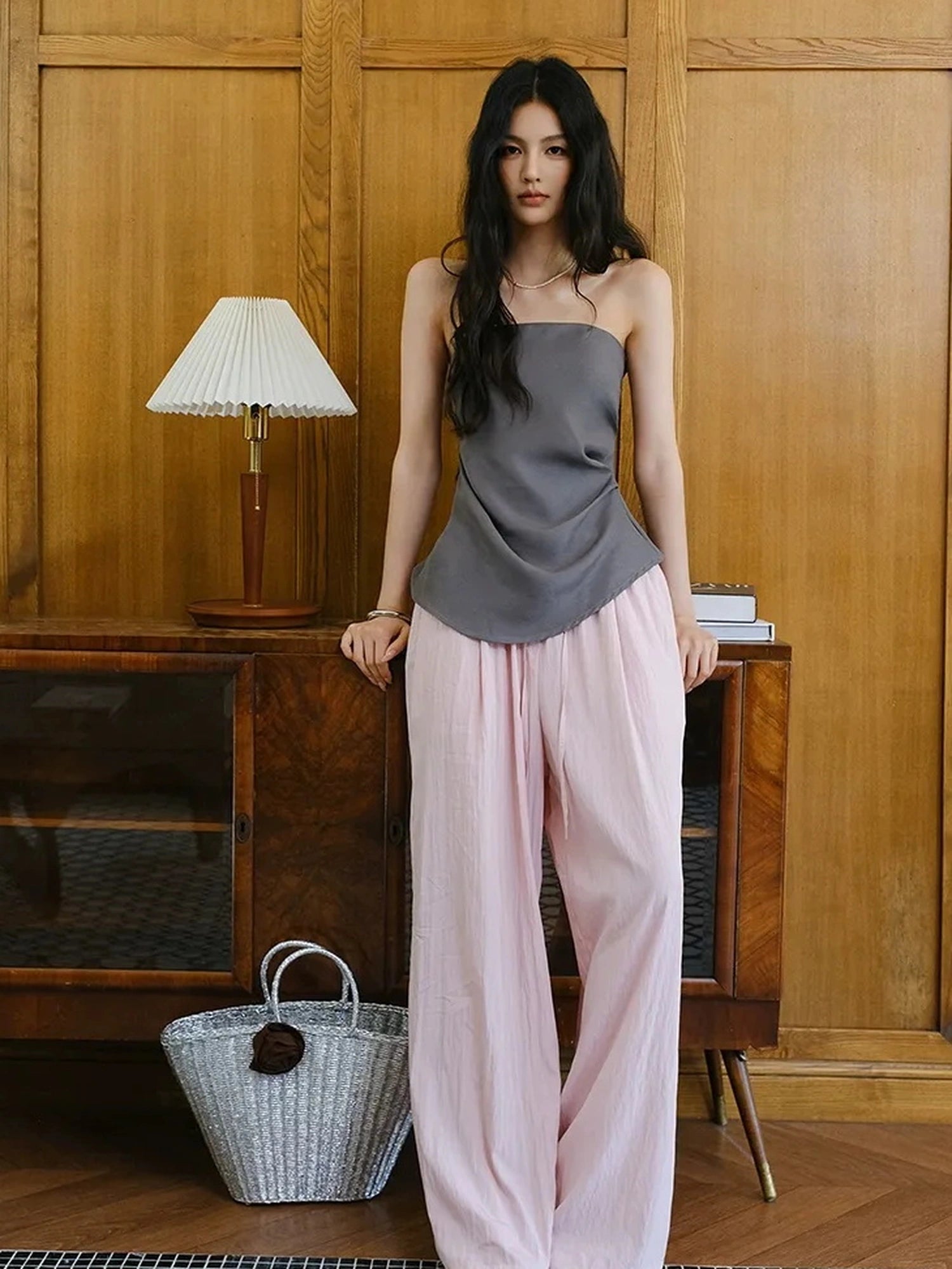 FU FRESH UP Airy Pleated Drawstring Wide Leg Pants