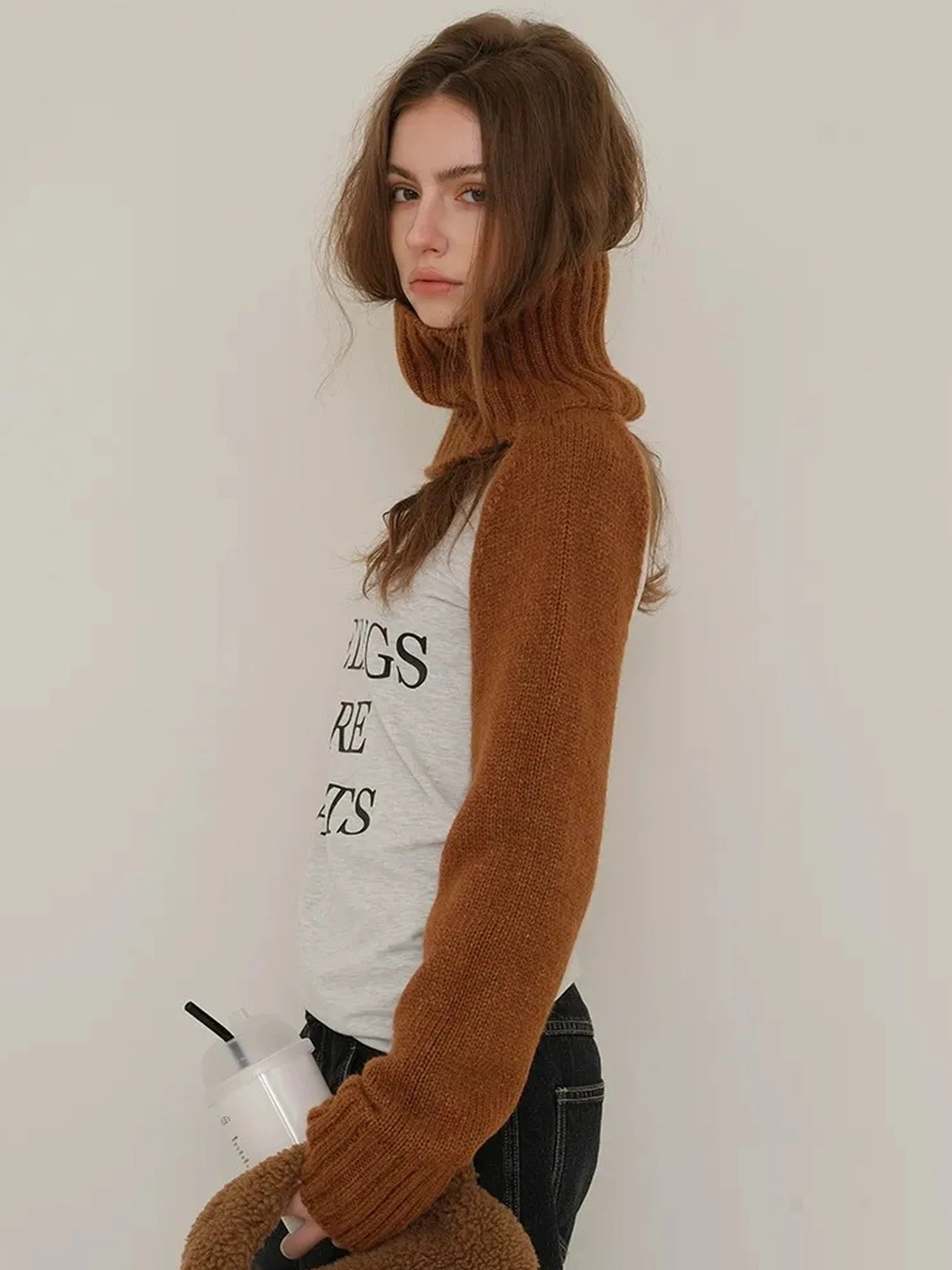 FU FRESH UP Alpaca Wool High Neck Poncho Sweater With Detachable Sleeves