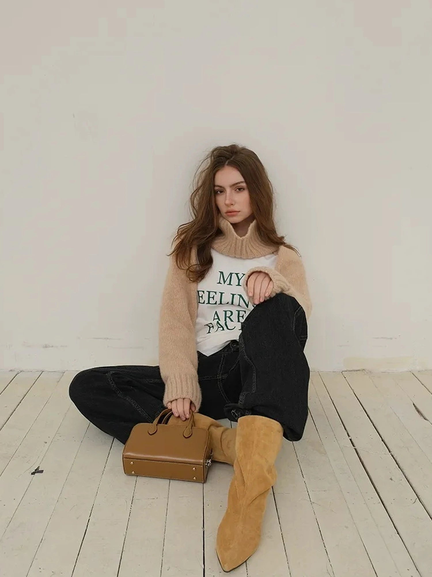 FU FRESH UP Alpaca Wool High Neck Poncho Sweater With Detachable Sleeves
