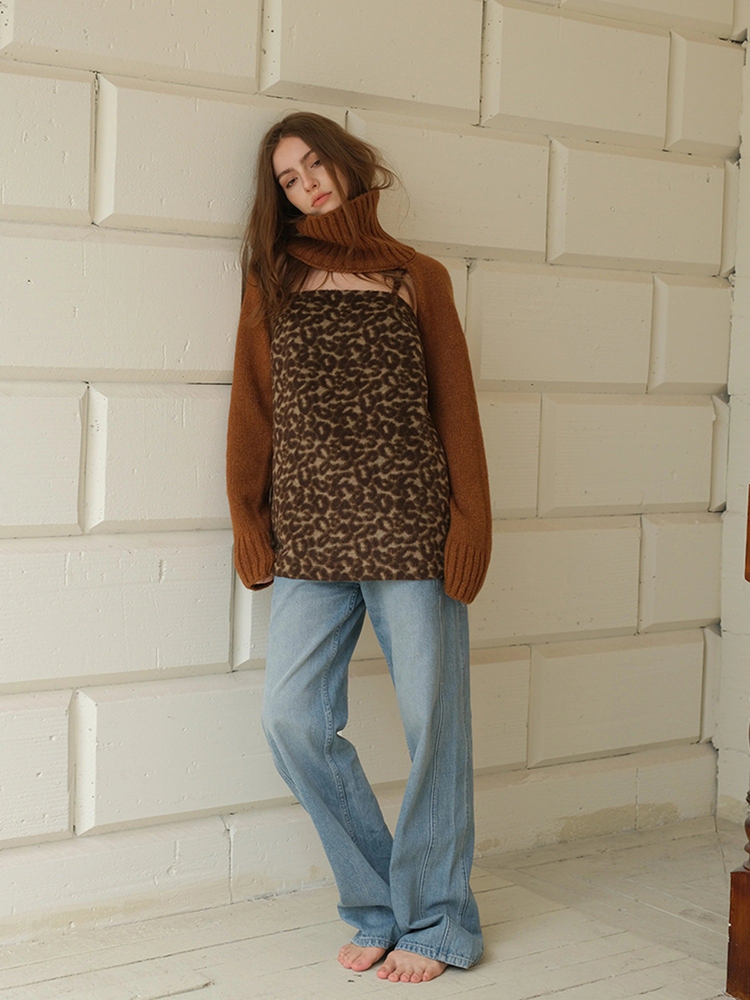 FU FRESH UP Alpaca Wool High Neck Poncho Sweater With Detachable Sleeves