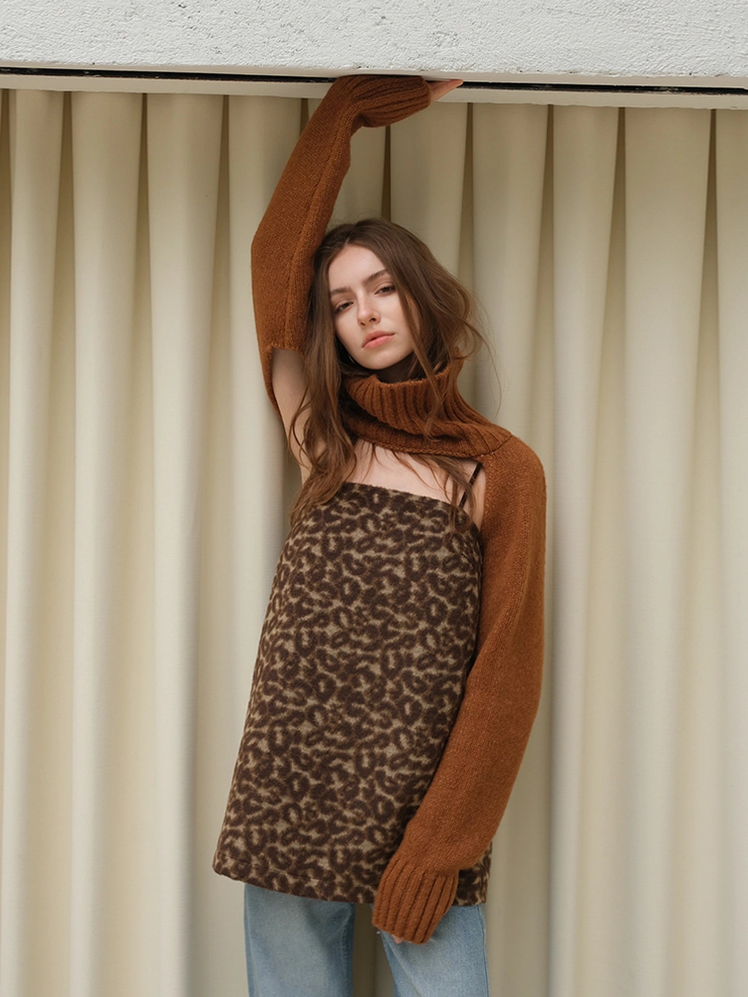 FU FRESH UP Alpaca Wool High Neck Poncho Sweater With Detachable Sleeves