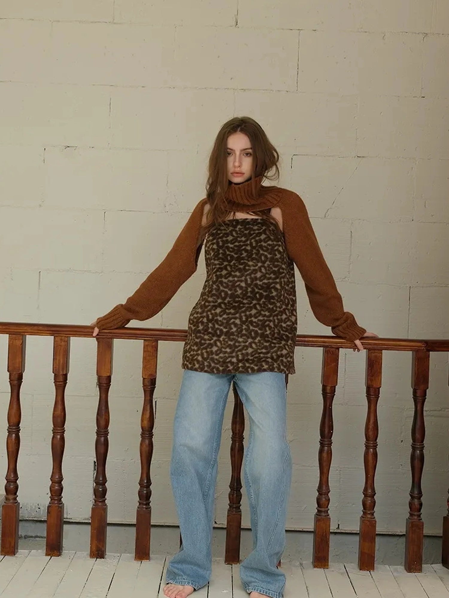 FU FRESH UP Alpaca Wool High Neck Poncho Sweater With Detachable Sleeves
