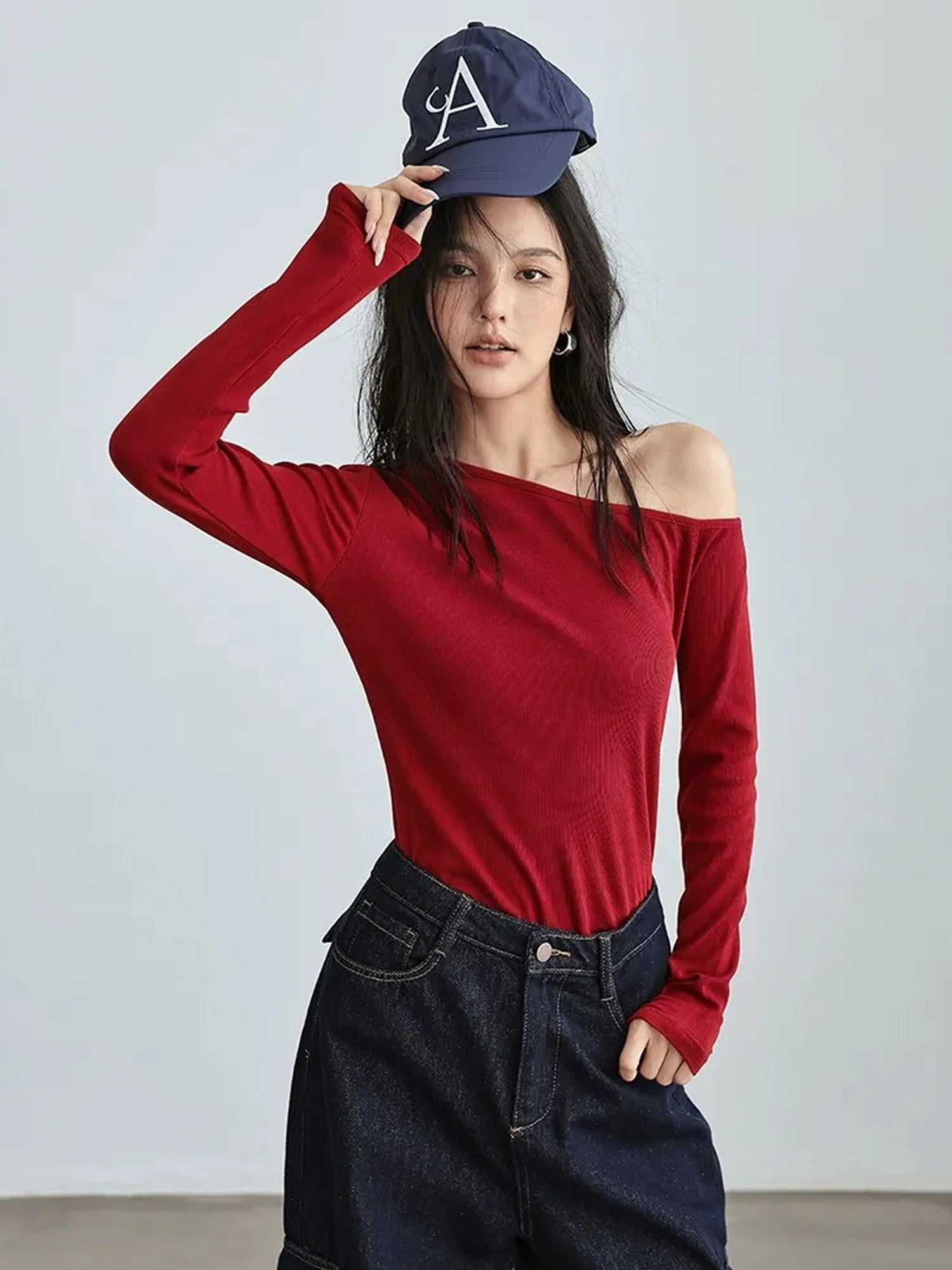 FU FRESH UP Asymmetric Off Shoulder Knit Top