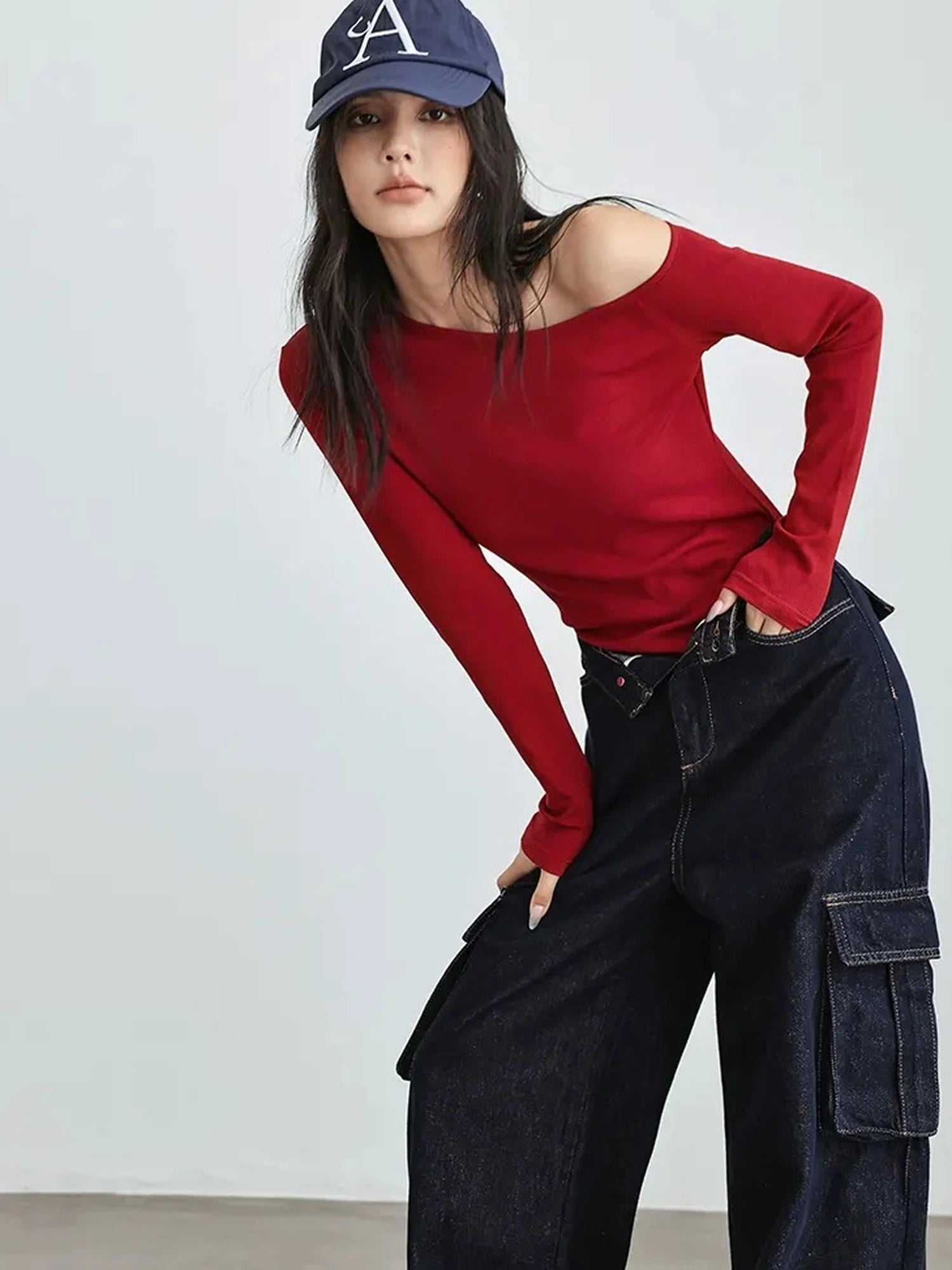 FU FRESH UP Asymmetric Off Shoulder Knit Top