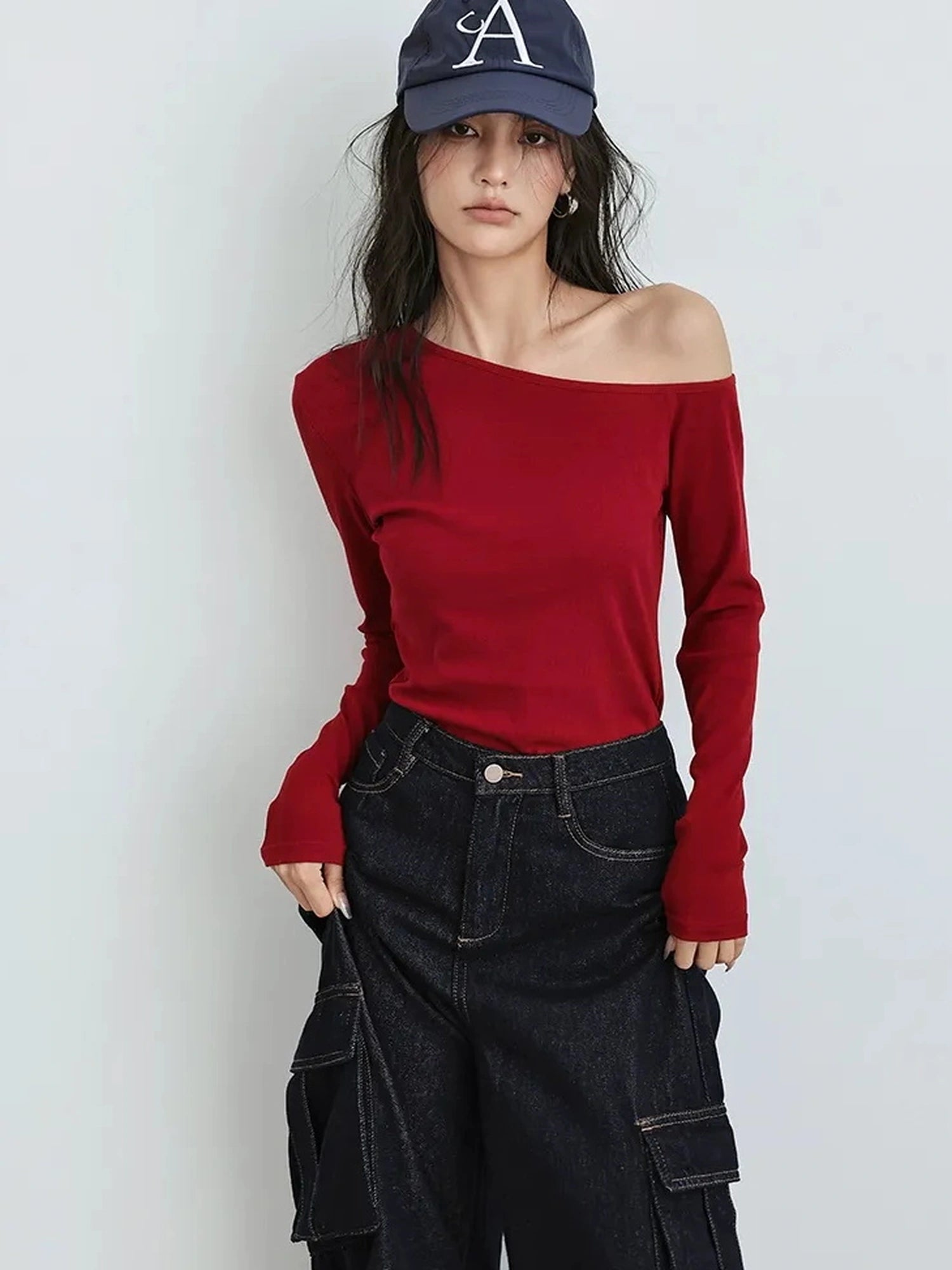 FU FRESH UP Asymmetric Off Shoulder Knit Top