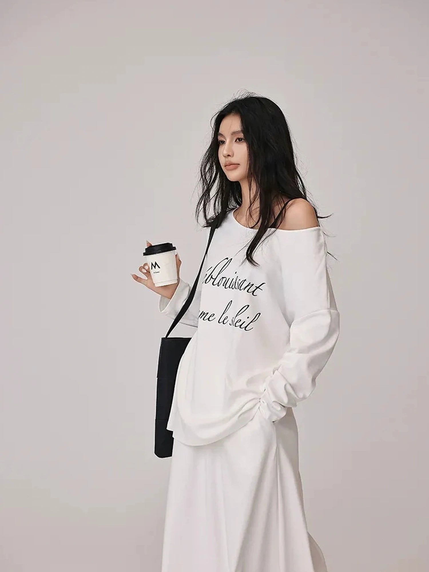 FU FRESH UP Asymmetric Shoulder Letter Print T-shirt Dress Set