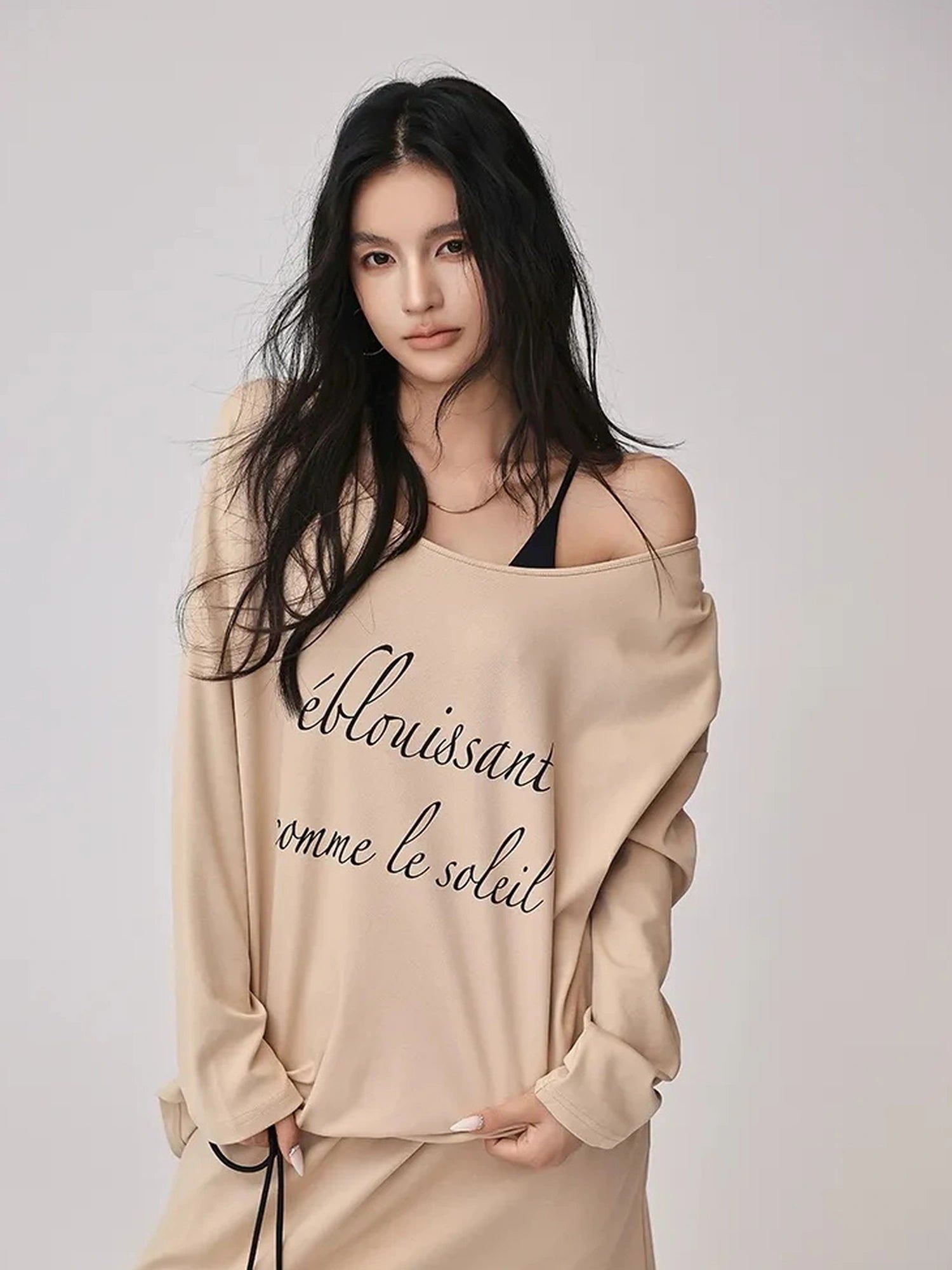 FU FRESH UP Asymmetric Shoulder Letter Print T-shirt Dress Set