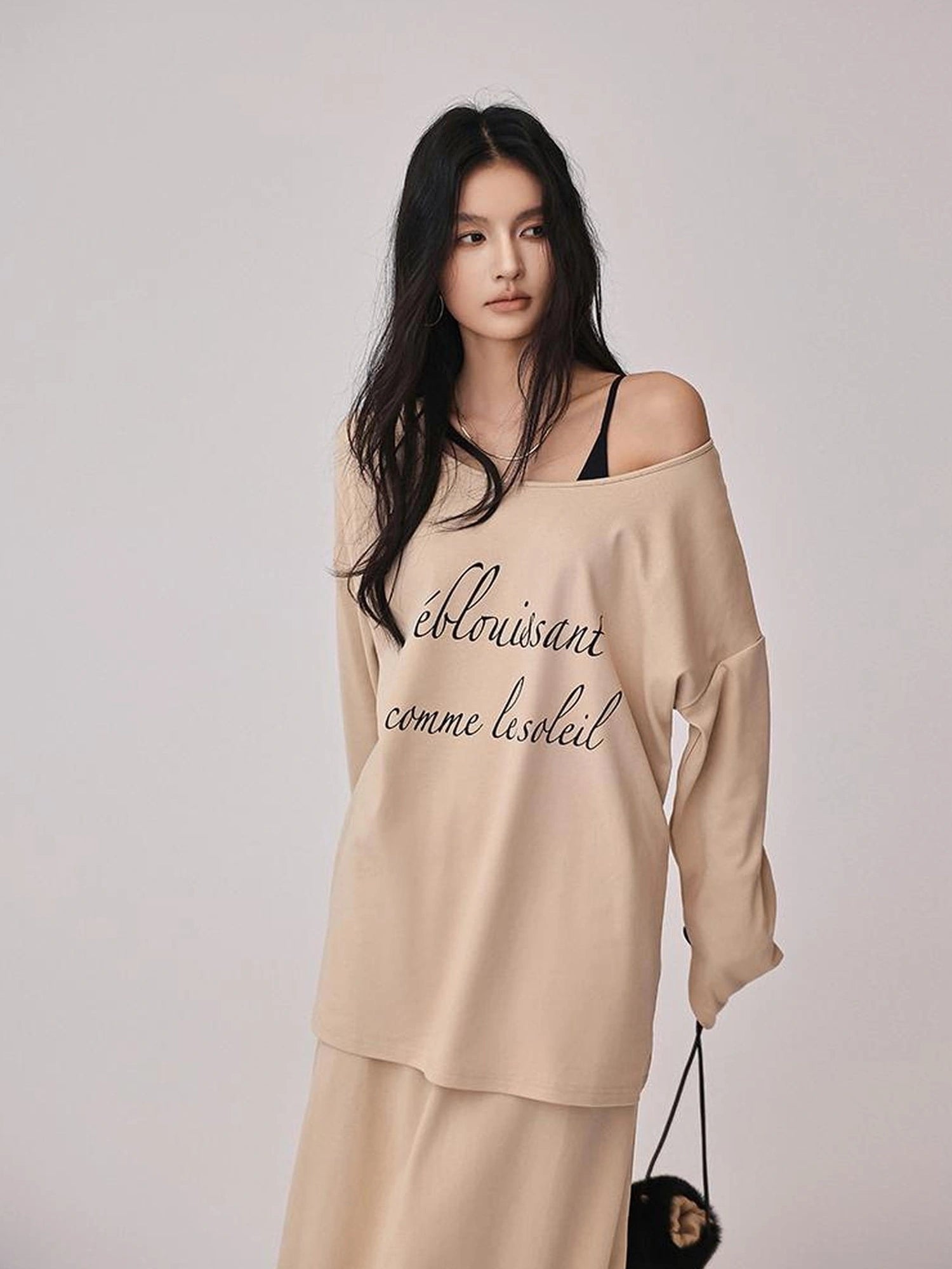 FU FRESH UP Asymmetric Shoulder Letter Print T-shirt Dress Set