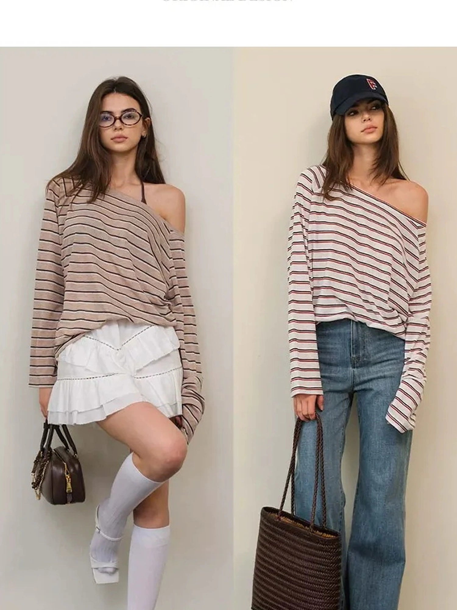 FU FRESH UP Asymmetric Shoulder Rayon Striped Tee