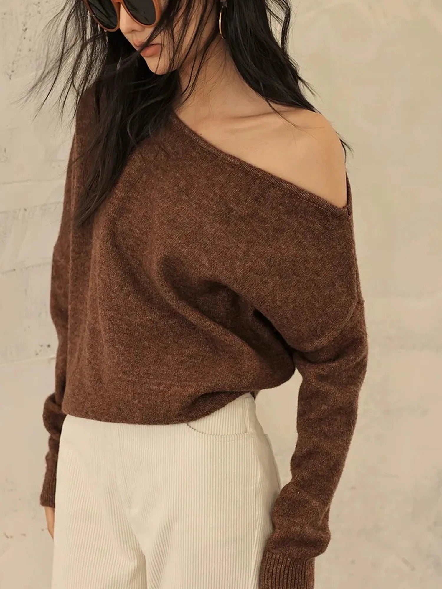 FU FRESH UP Asymmetric Wool Off Shoulder Sweater