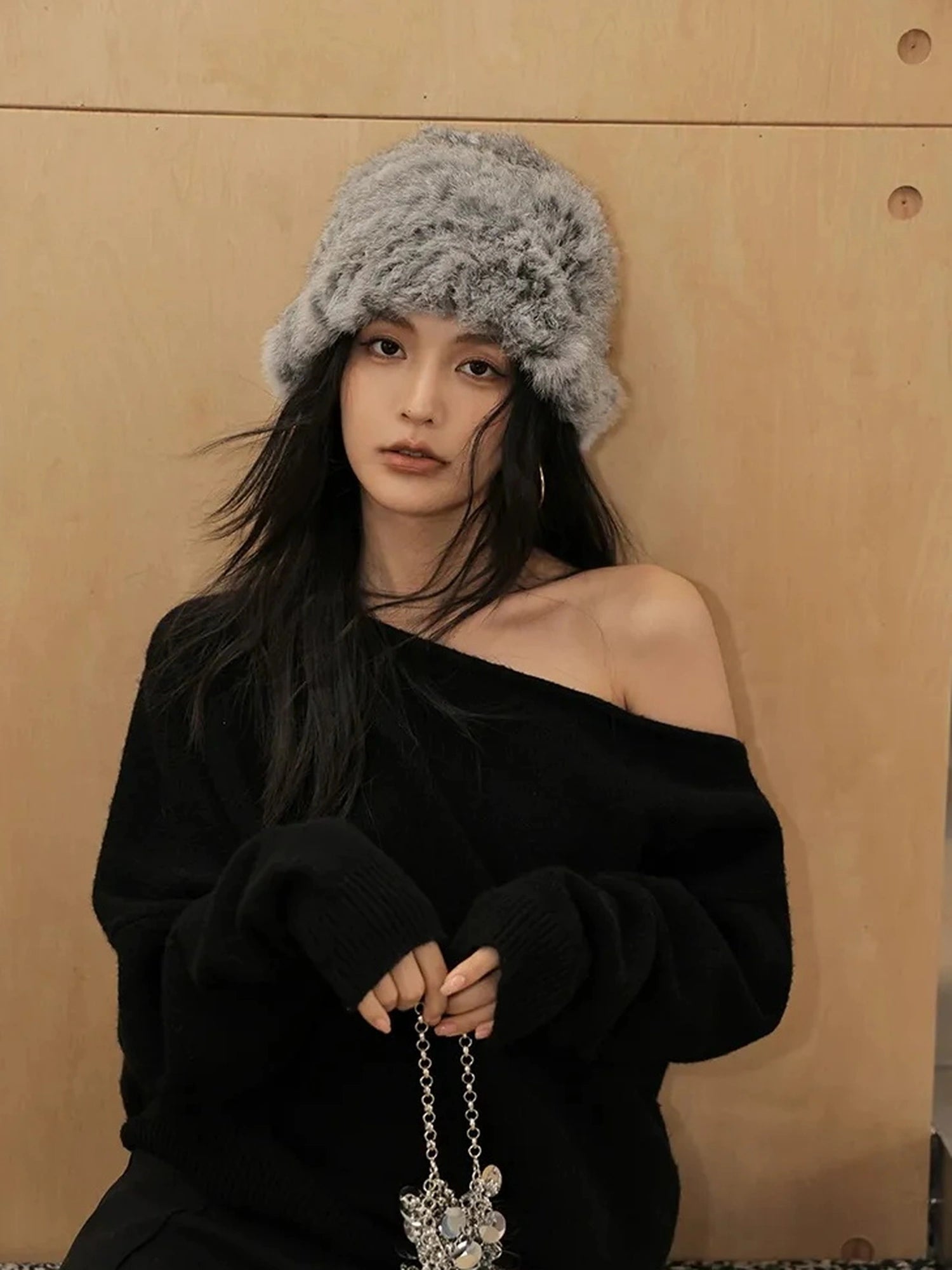 FU FRESH UP Asymmetric Wool Off Shoulder Sweater