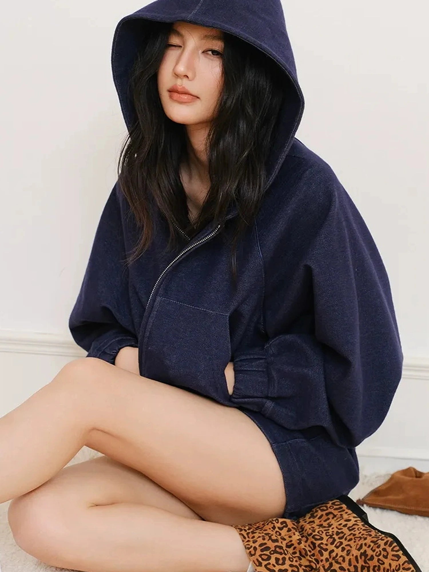 FU FRESH UP Athflow Denim Texture Hoodie And Shorts Set
