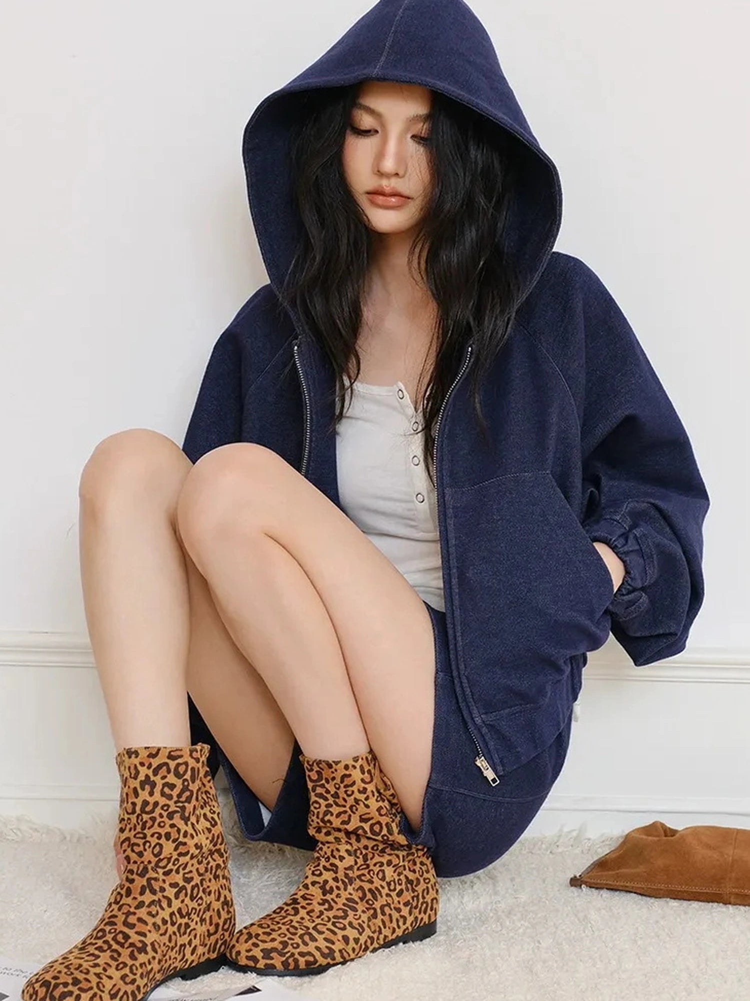 FU FRESH UP Athflow Denim Texture Hoodie And Shorts Set
