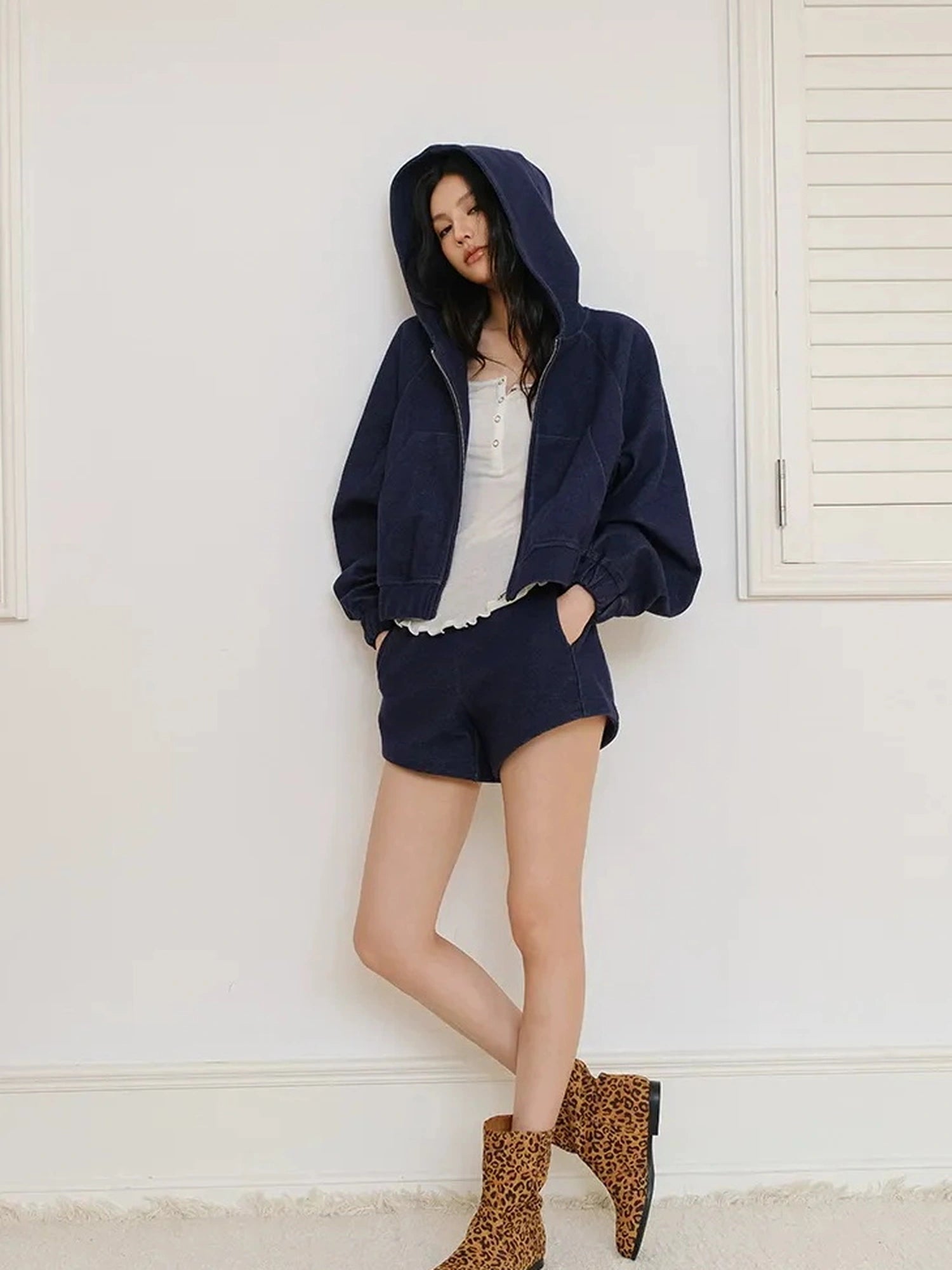 FU FRESH UP Athflow Denim Texture Hoodie And Shorts Set