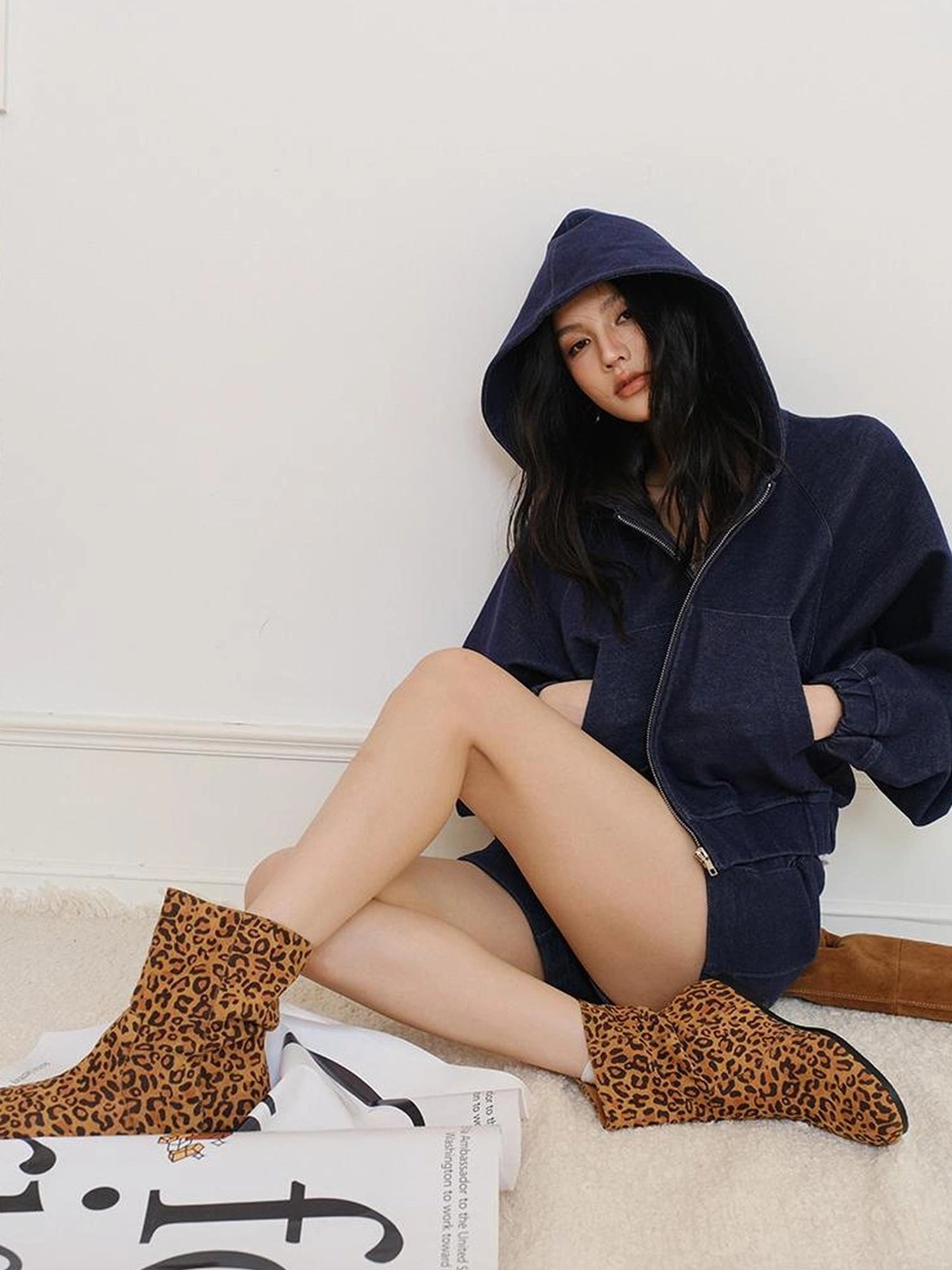 FU FRESH UP Athflow Denim Texture Hoodie And Shorts Set