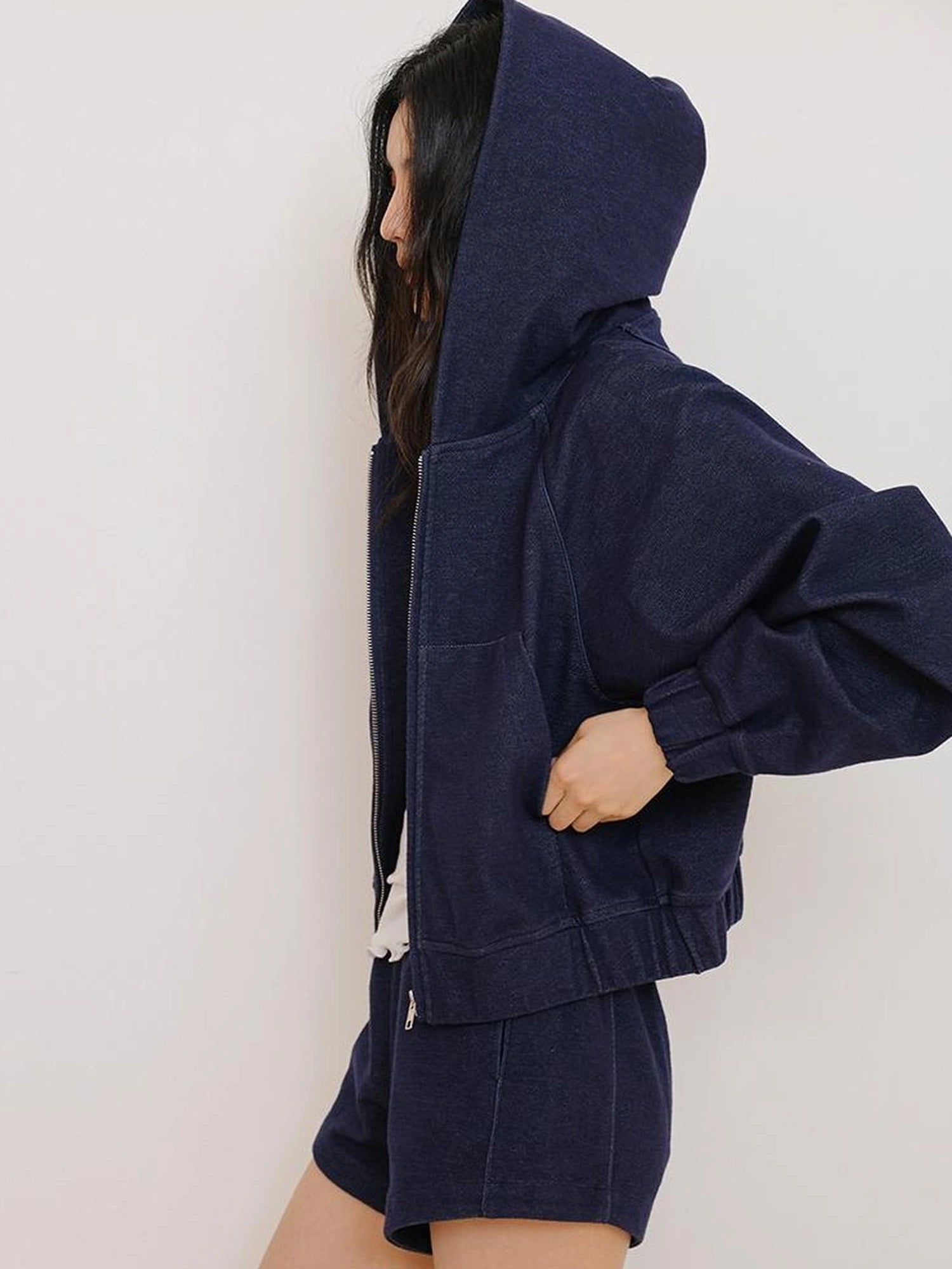 FU FRESH UP Athflow Denim Texture Hoodie And Shorts Set