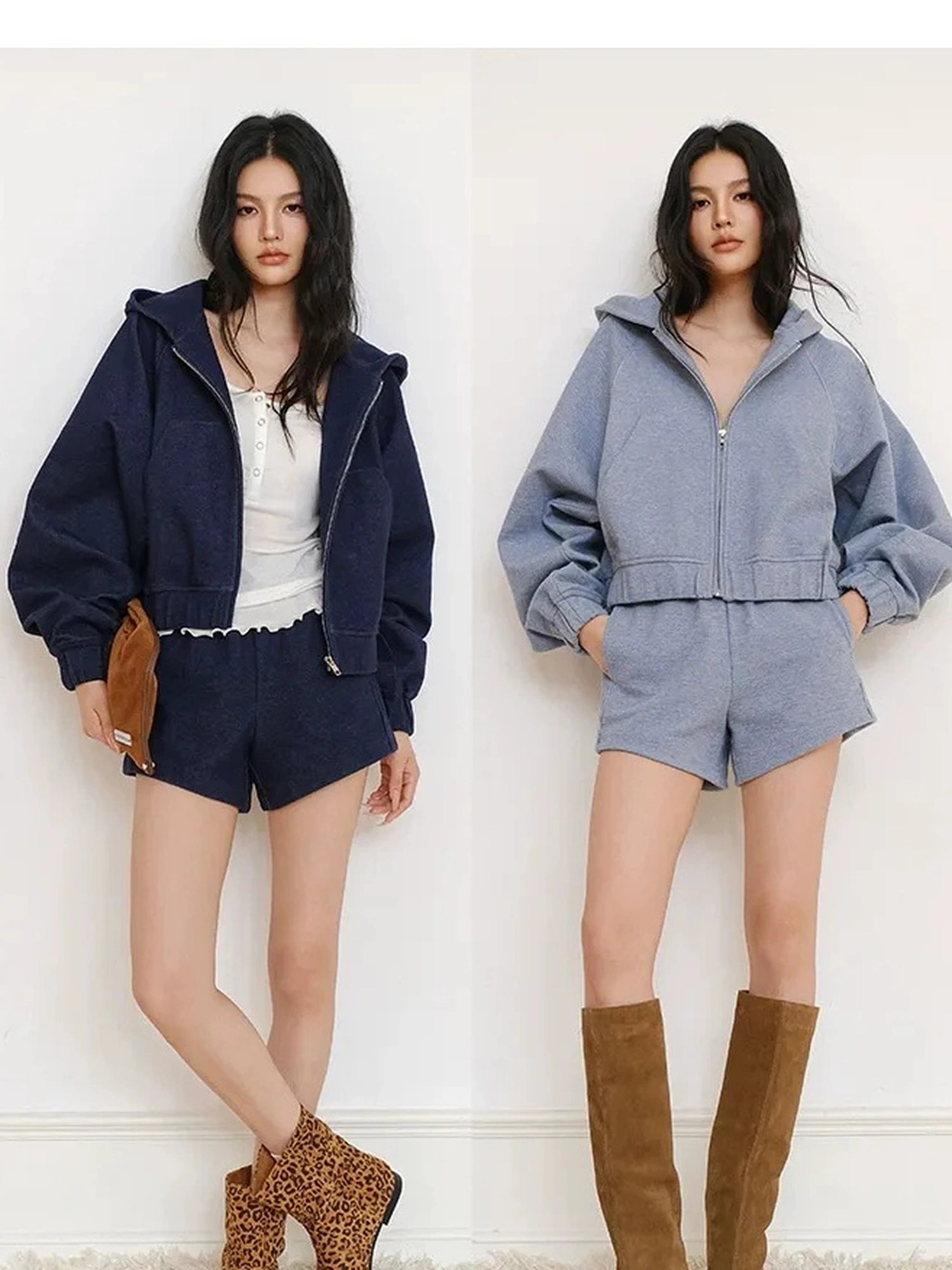 FU FRESH UP Athflow Denim Texture Hoodie And Shorts Set