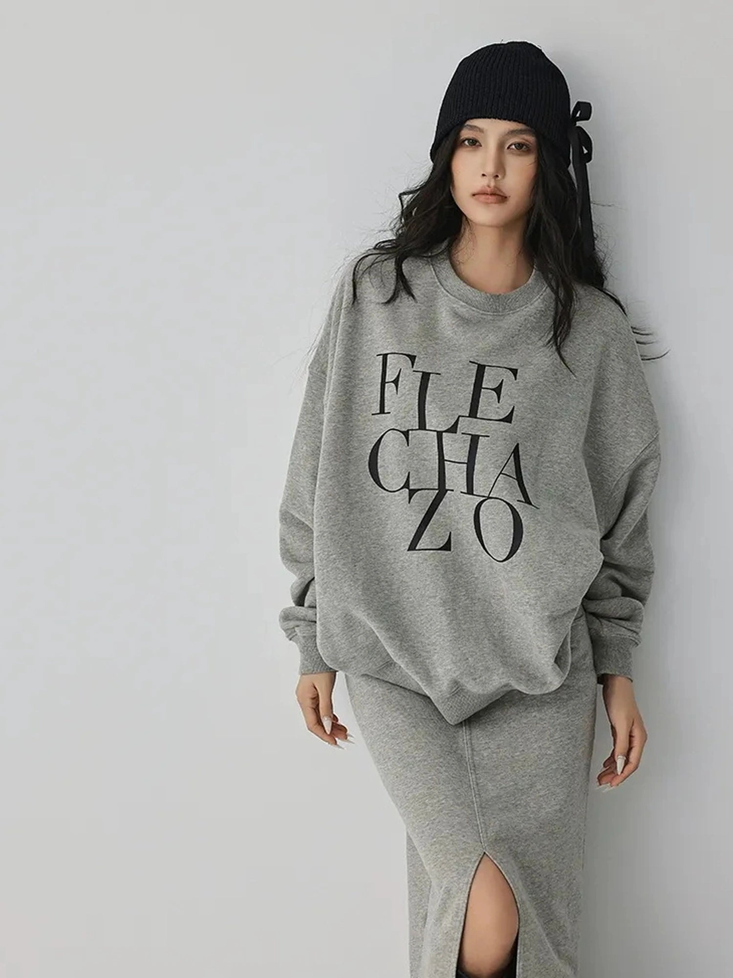FU FRESH UP Athleisure Letter Print Hoodie Set With Slit Skirt