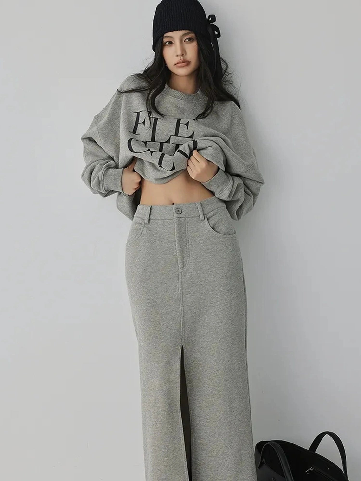 FU FRESH UP Athleisure Letter Print Hoodie Set With Slit Skirt