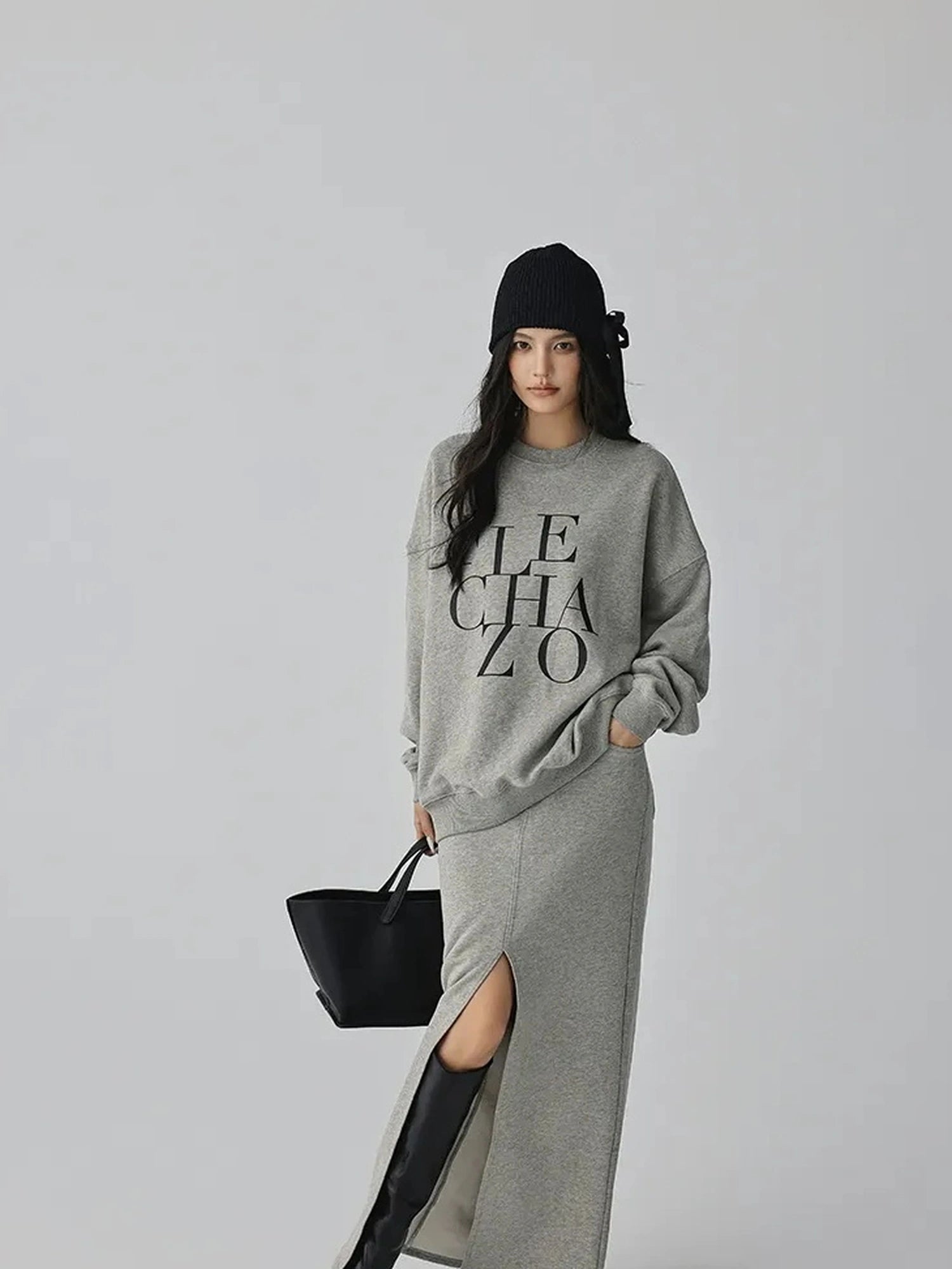 FU FRESH UP Athleisure Letter Print Hoodie Set With Slit Skirt