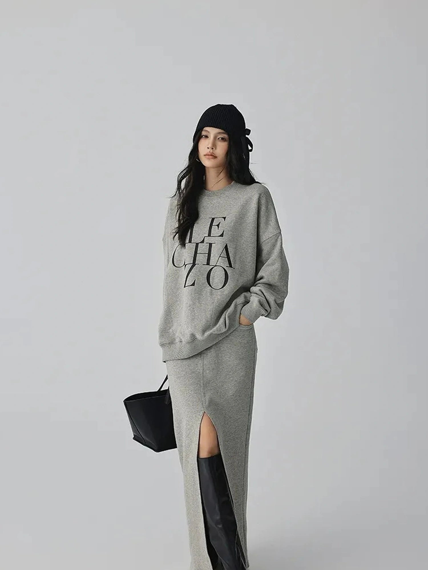 FU FRESH UP Athleisure Letter Print Hoodie Set With Slit Skirt