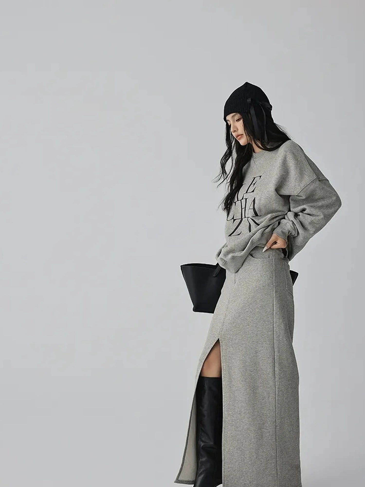 FU FRESH UP Athleisure Letter Print Hoodie Set With Slit Skirt