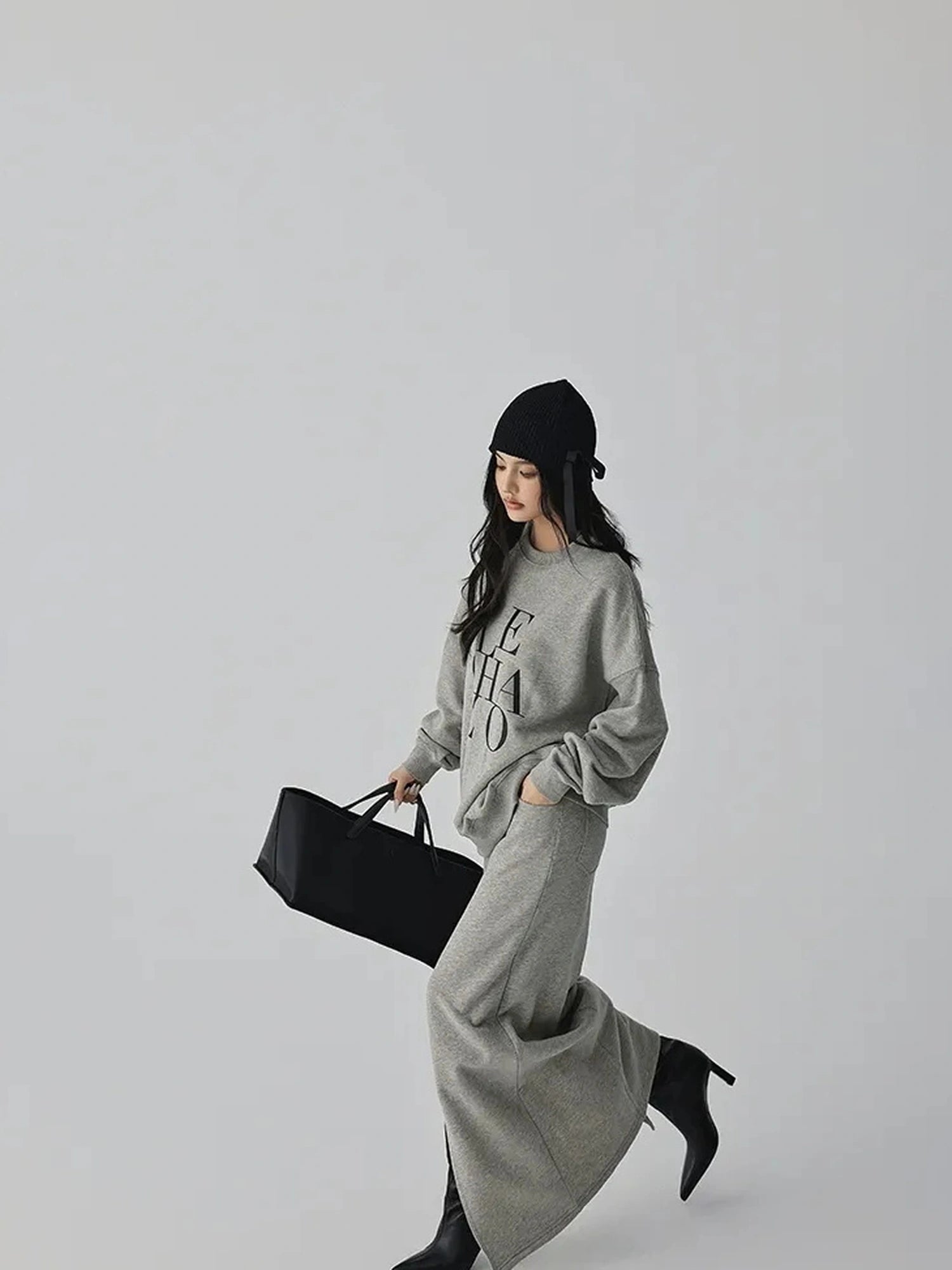 FU FRESH UP Athleisure Letter Print Hoodie Set With Slit Skirt