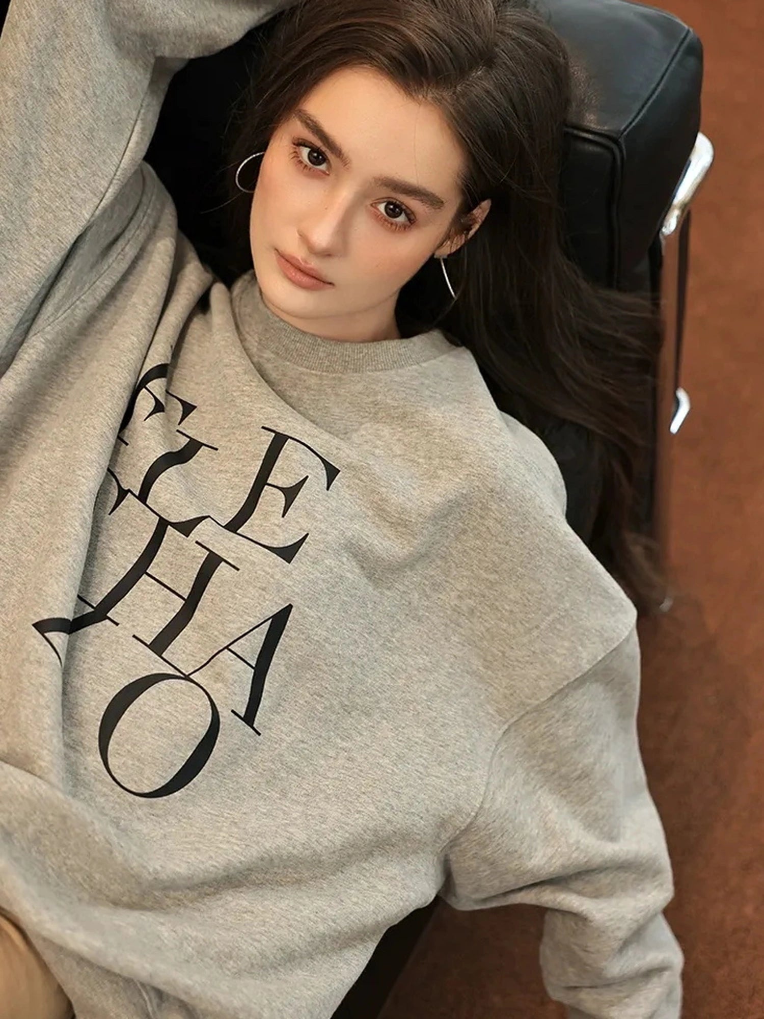 FU FRESH UP Athleisure Letter Print Hoodie Set With Slit Skirt