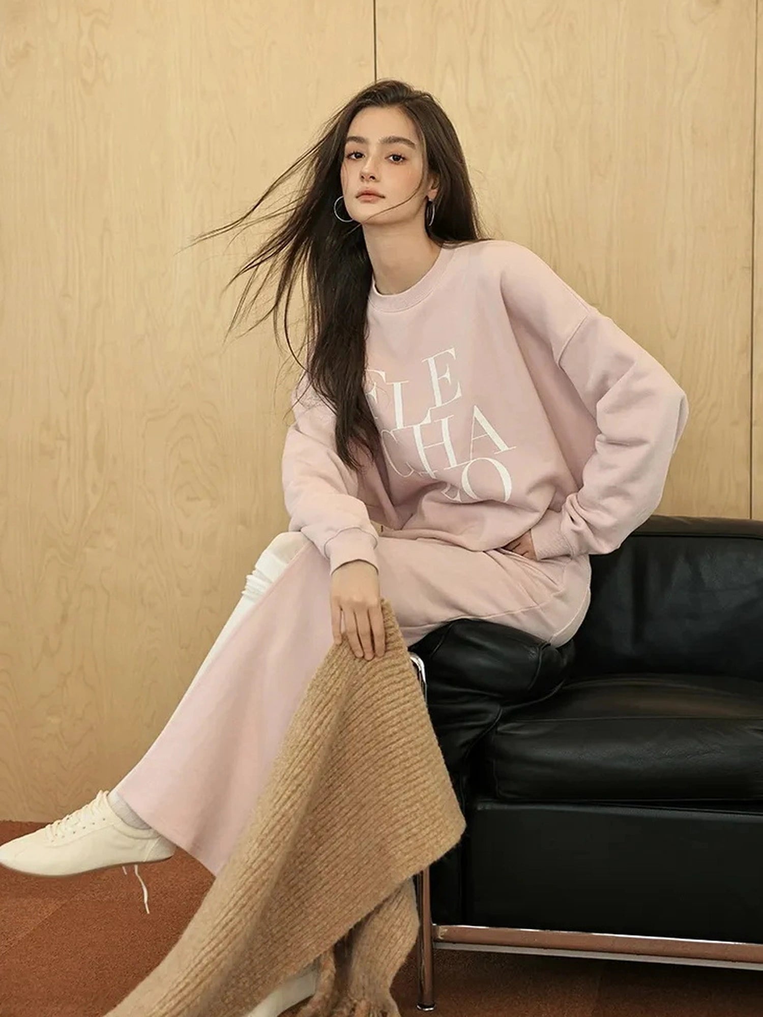 FU FRESH UP Athleisure Letter Print Hoodie Set With Slit Skirt