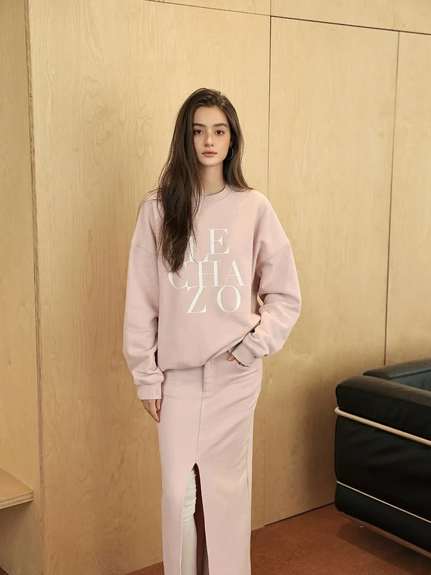 FU FRESH UP Athleisure Letter Print Hoodie Set With Slit Skirt