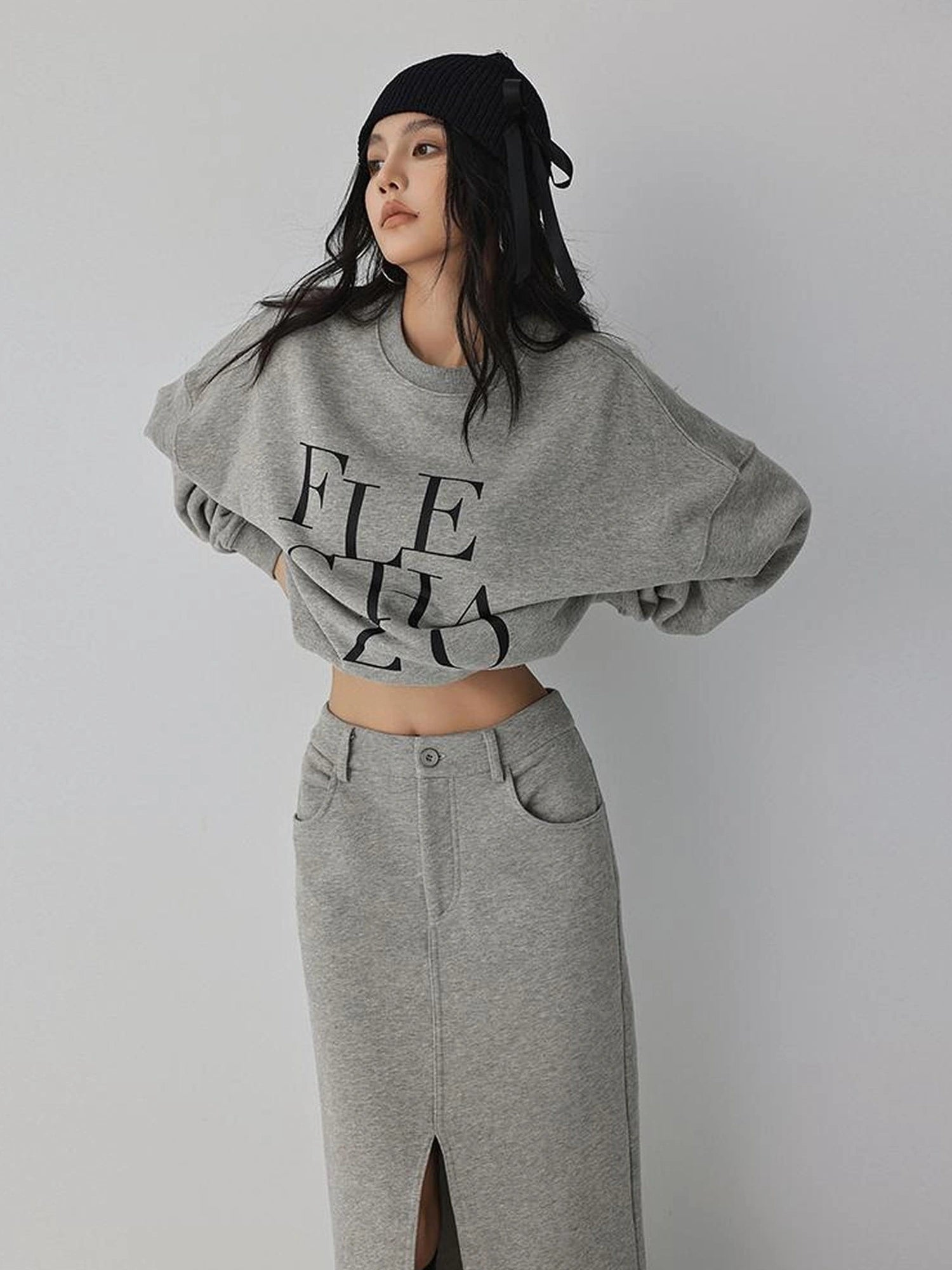 FU FRESH UP Athleisure Letter Print Hoodie Set With Slit Skirt
