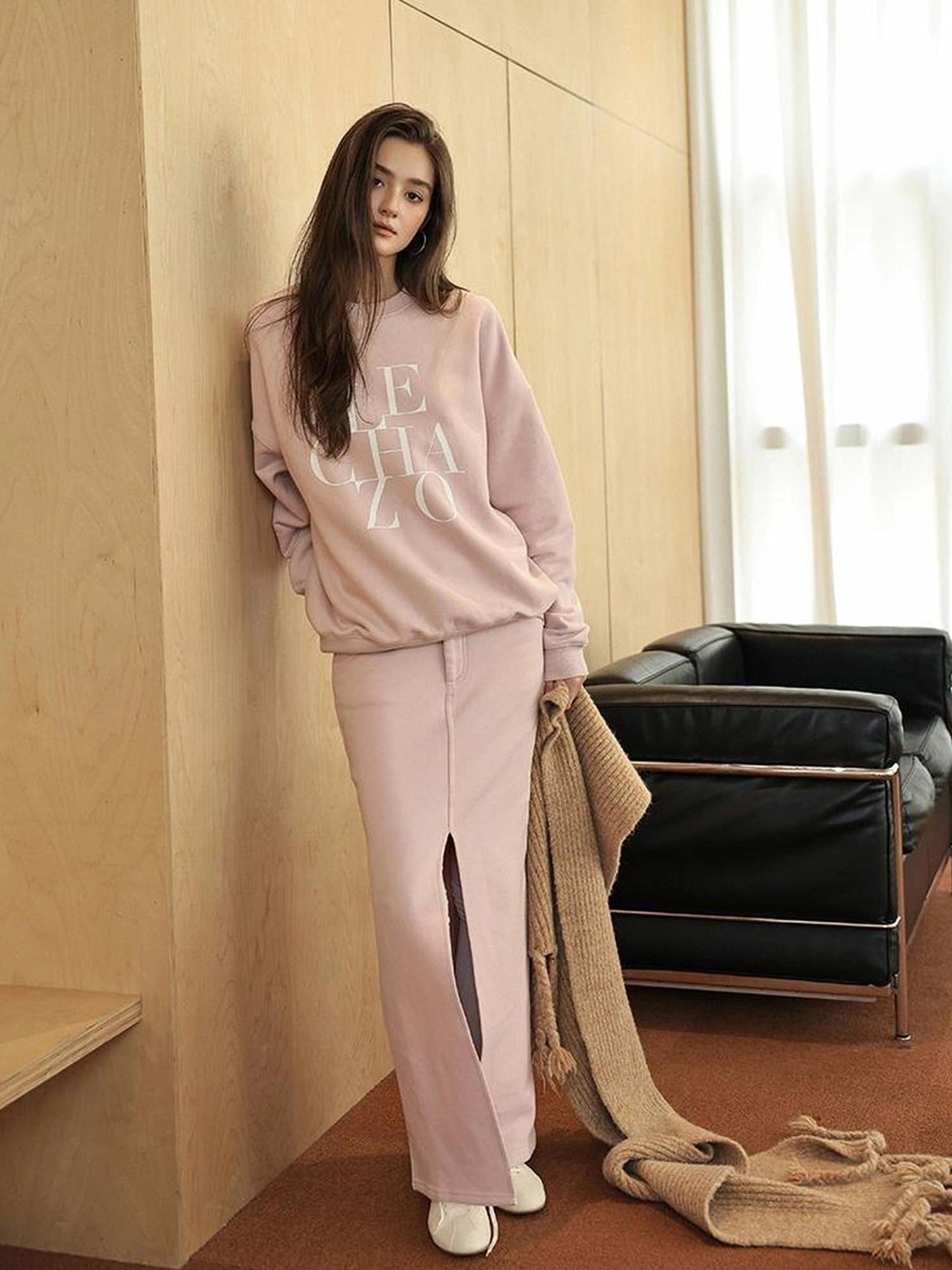 FU FRESH UP Athleisure Letter Print Hoodie Set With Slit Skirt